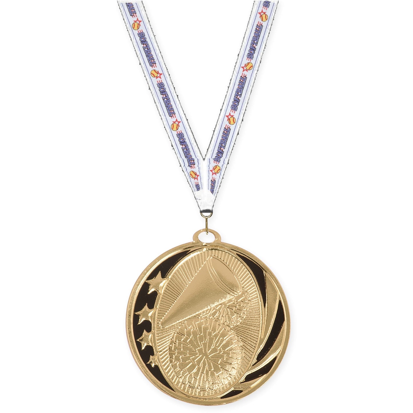 2 inch cheerleading MidNite Star medal in bright gold with Softball neck ribbon