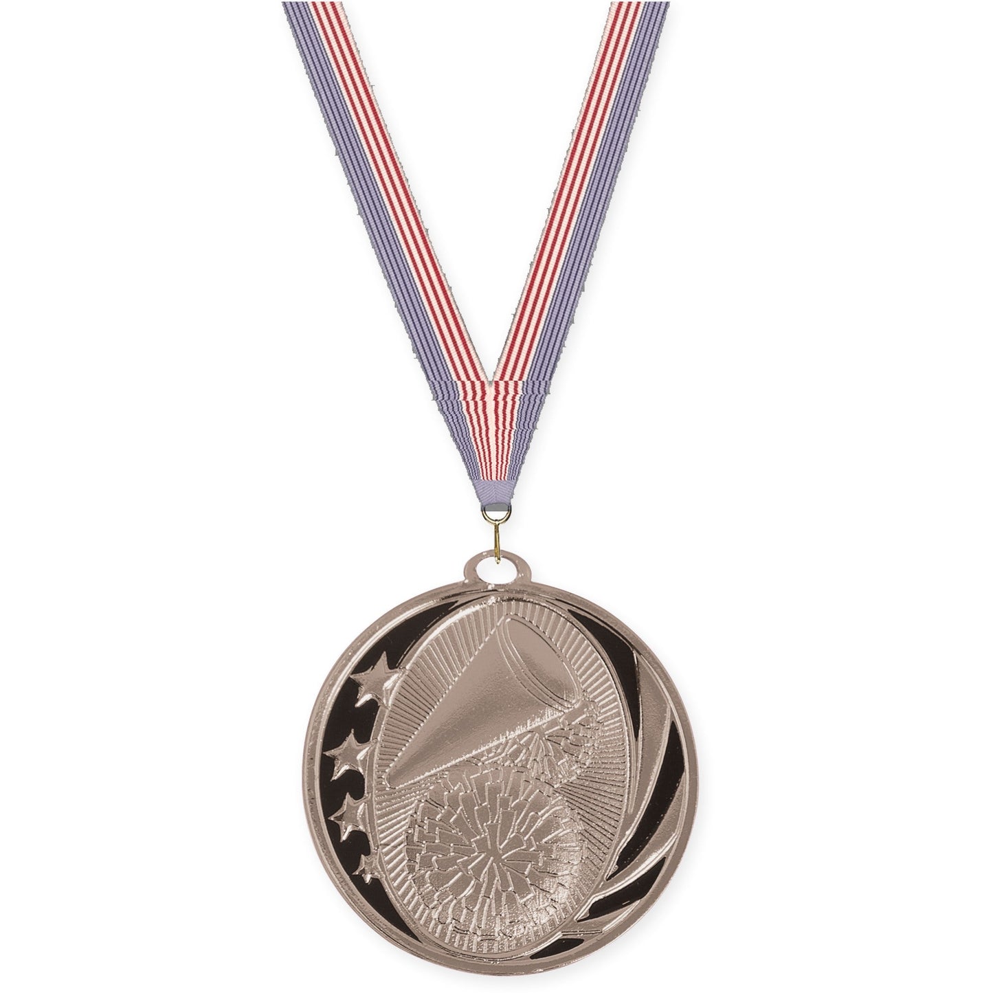2 inch cheerleading MidNite Star medal in bright silver with USA Flag neck ribbon
