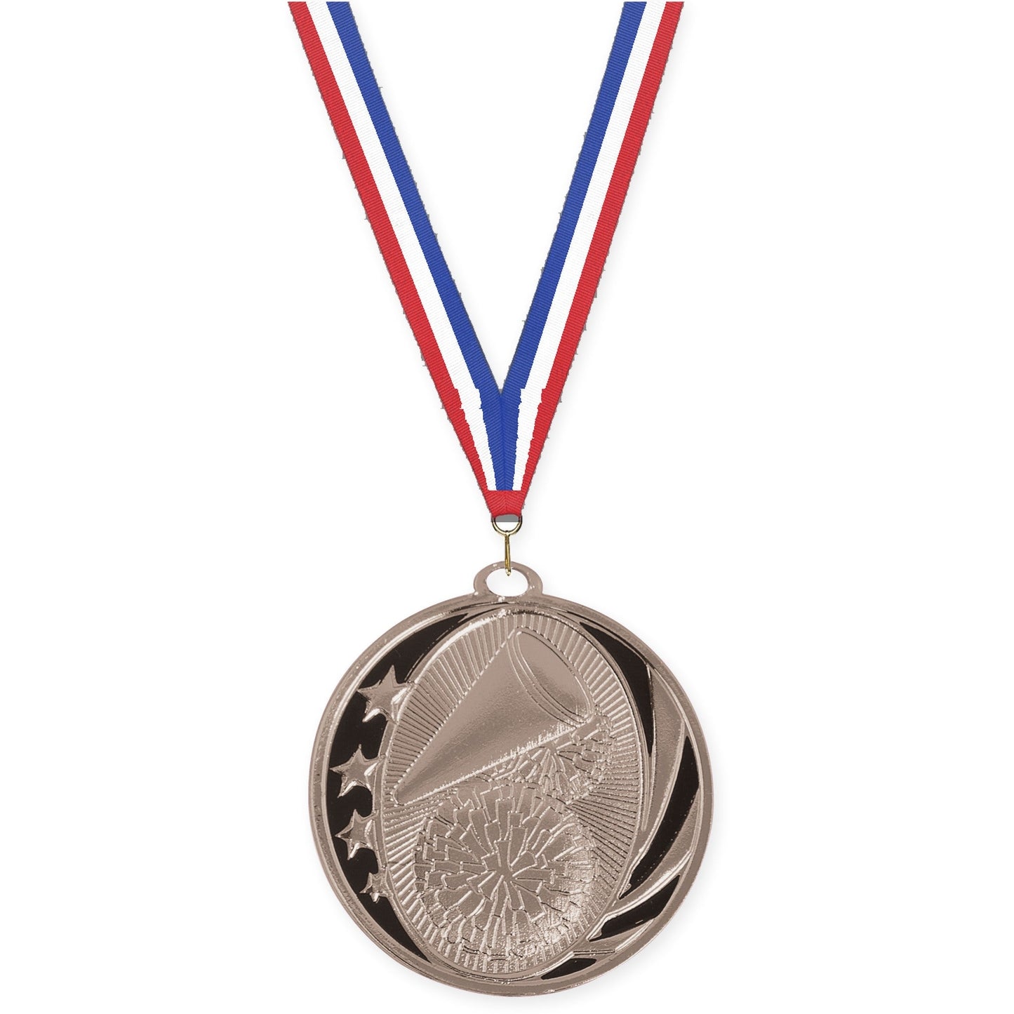2 inch cheerleading MidNite Star medal in bright silver with Red White Blue neck ribbon