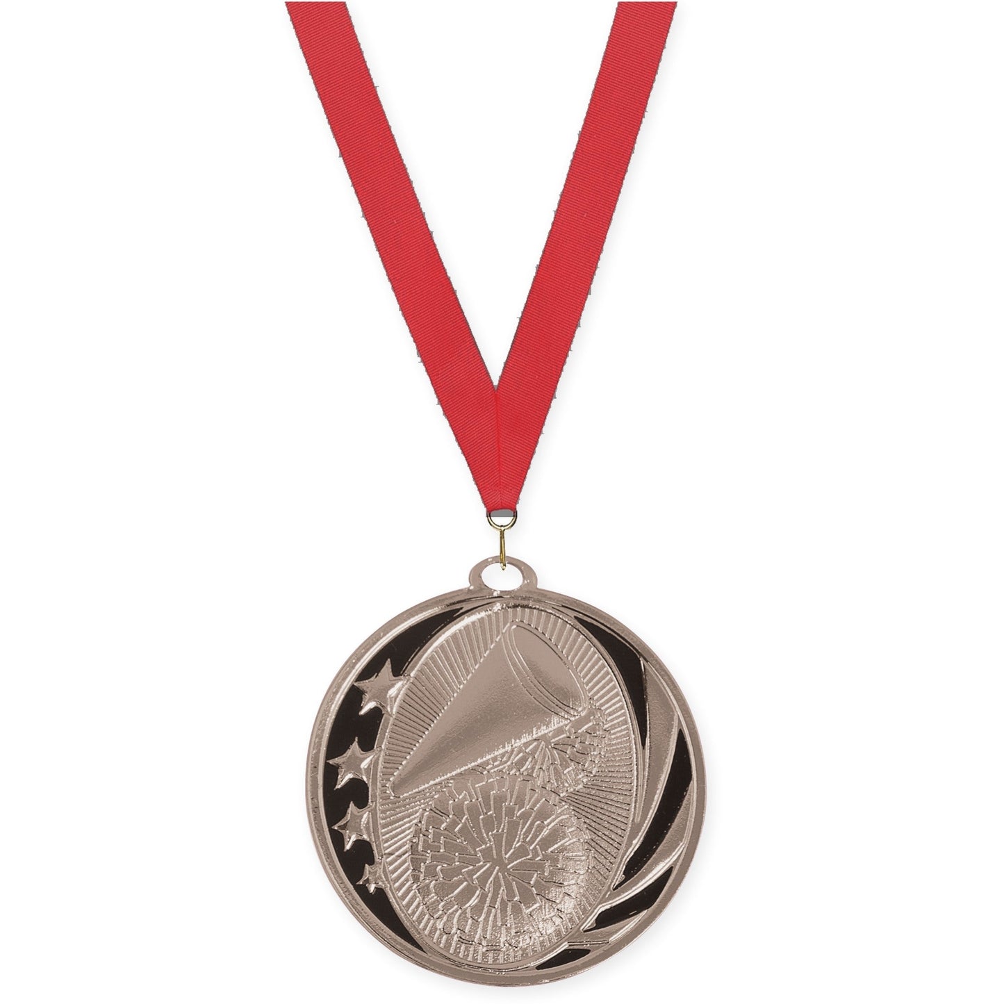 2 inch cheerleading MidNite Star medal in bright silver with Red neck ribbon