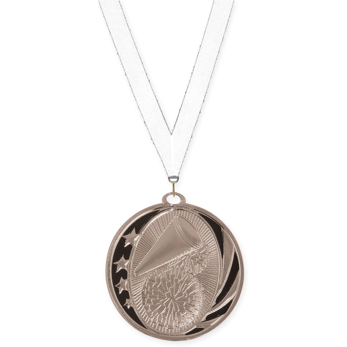 2 inch cheerleading MidNite Star medal in bright silver with White neck ribbon