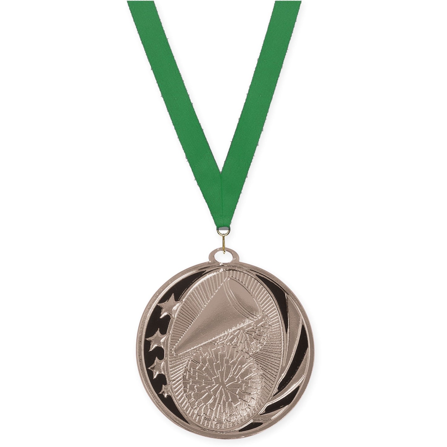 2 inch cheerleading MidNite Star medal in bright silver with Green neck ribbon