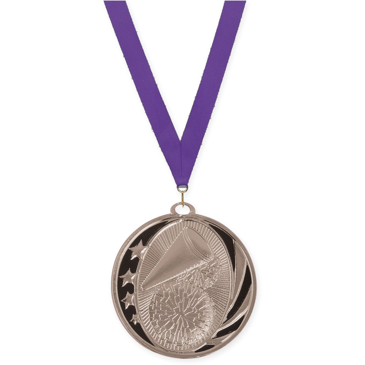 2 inch cheerleading MidNite Star medal in bright silver with Purple neck ribbon