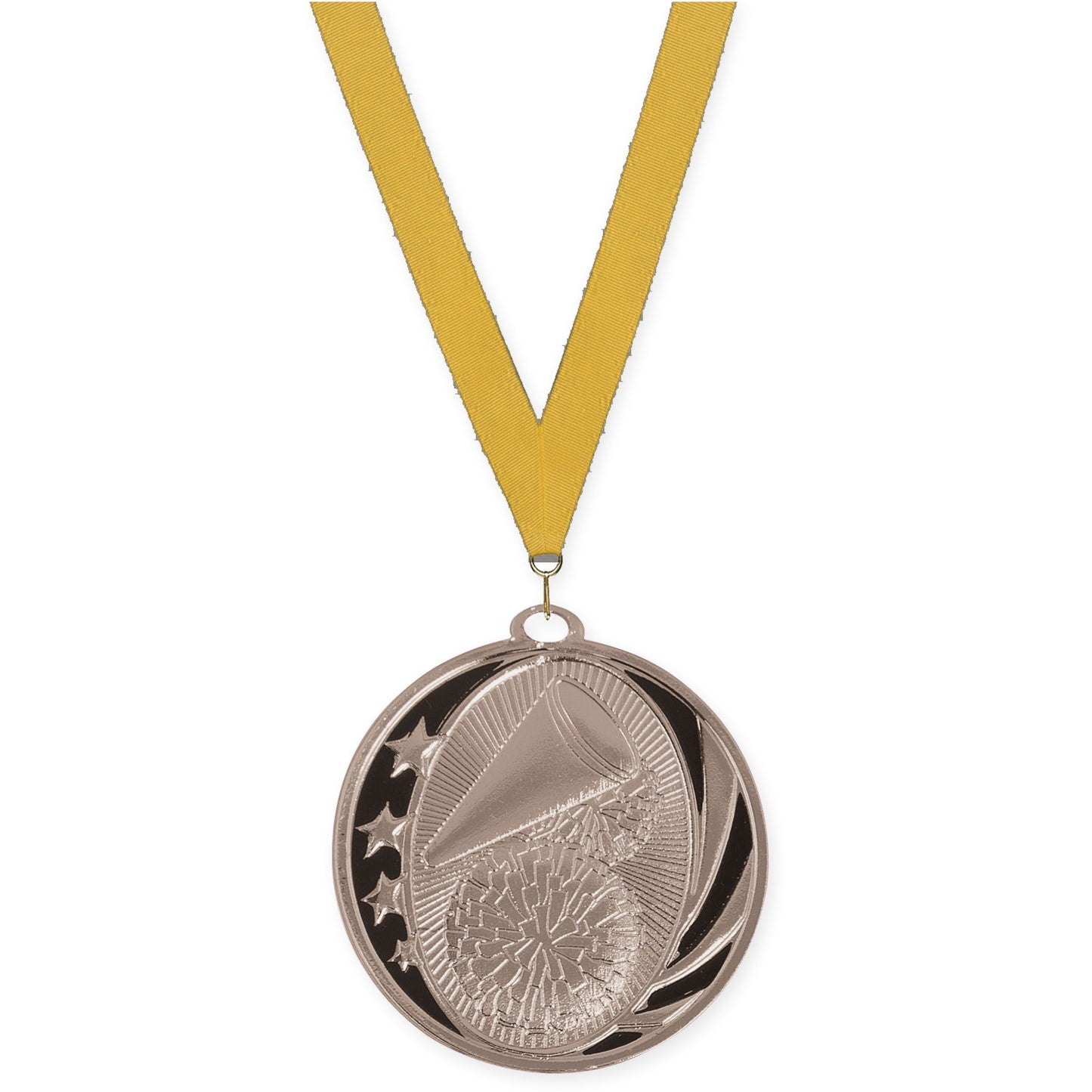 2 inch cheerleading MidNite Star medal in bright silver with Gold neck ribbon