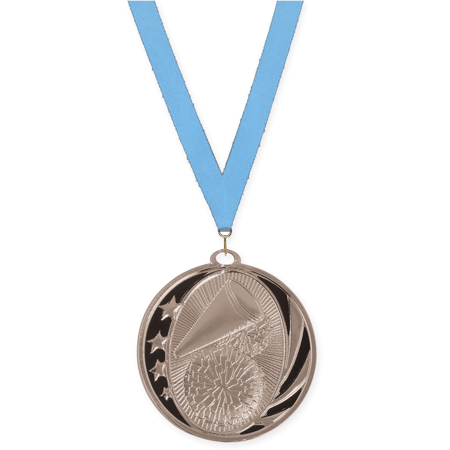 2 inch cheerleading MidNite Star medal in bright silver with Light Blue neck ribbon