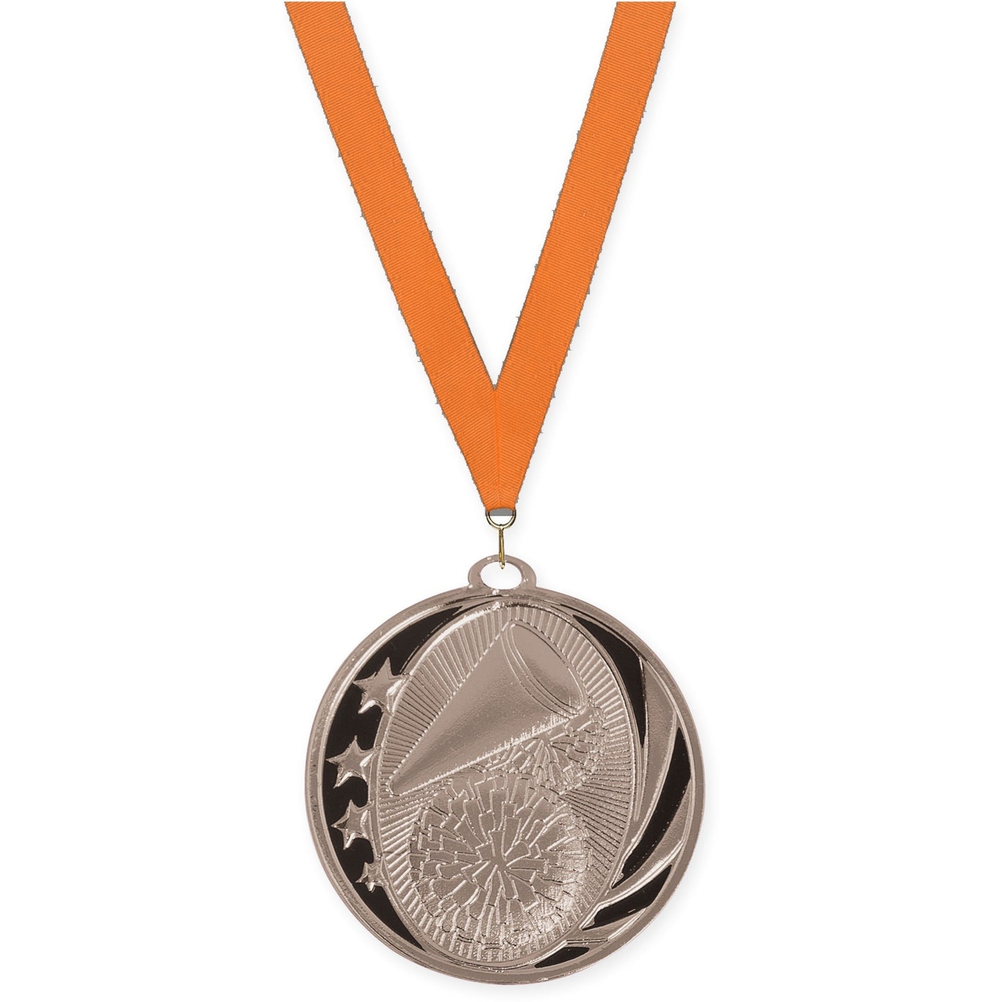 2 inch cheerleading MidNite Star medal in bright silver with Orange neck ribbon