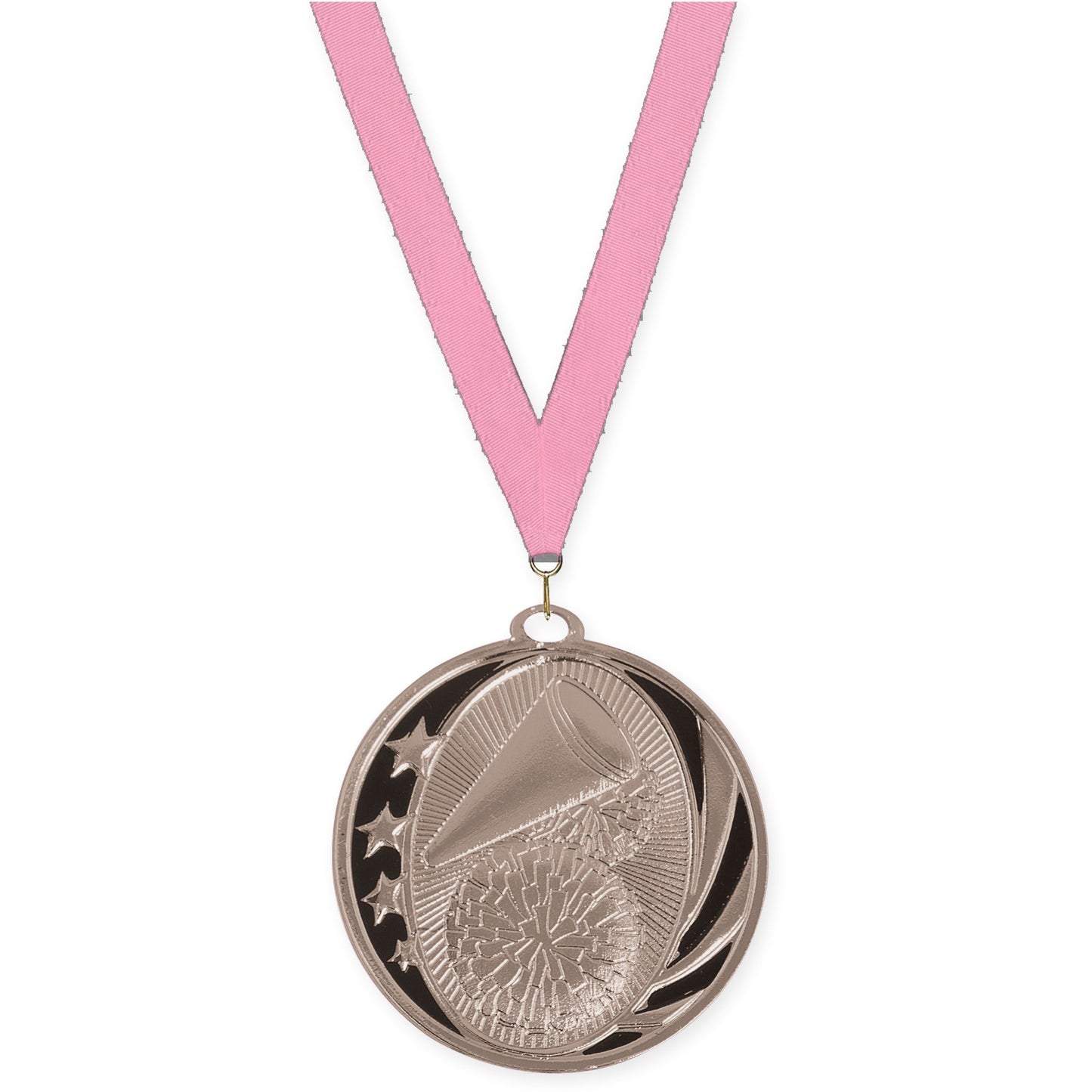 2 inch cheerleading MidNite Star medal in bright silver with Pink neck ribbon