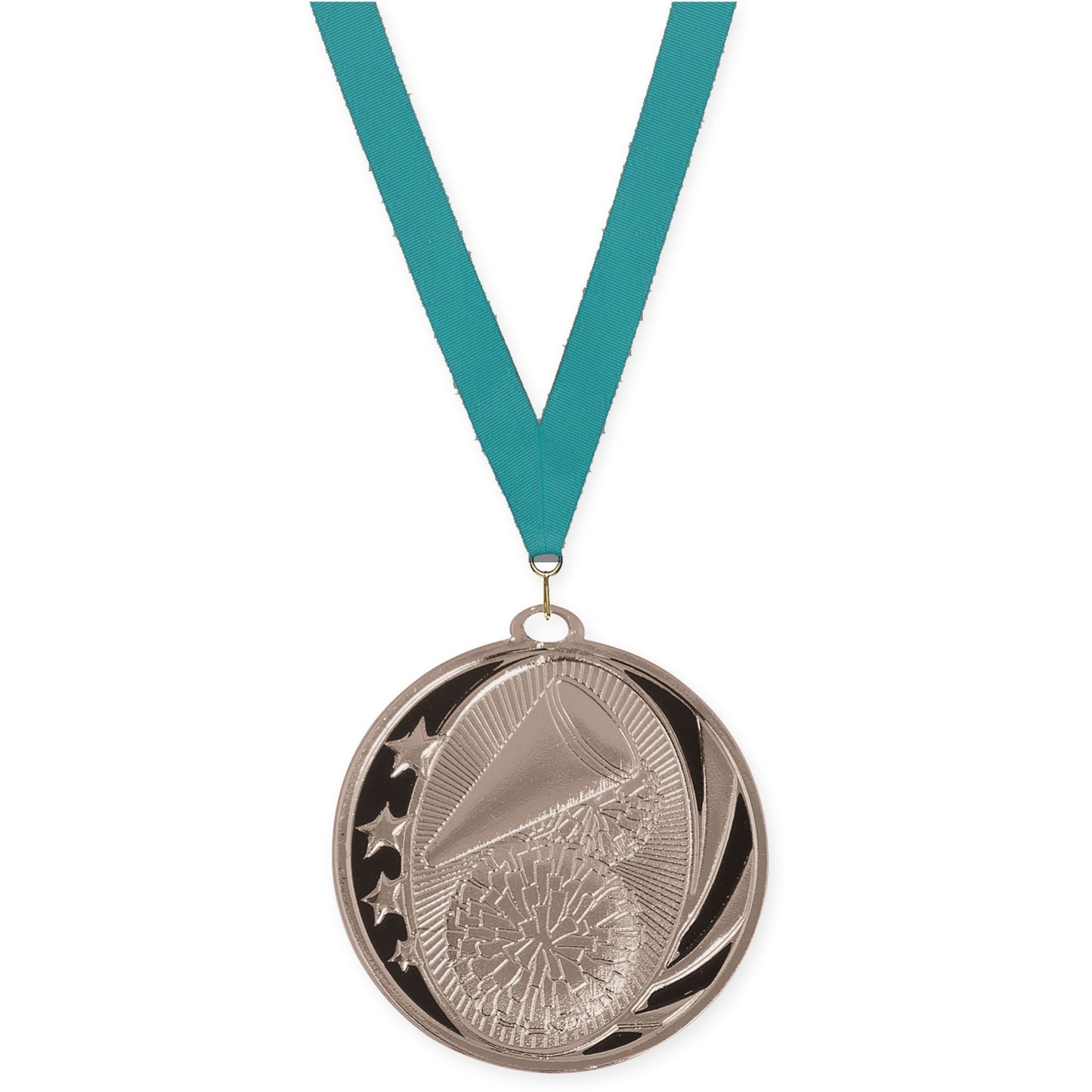 2 inch cheerleading MidNite Star medal in bright silver with Teal neck ribbon