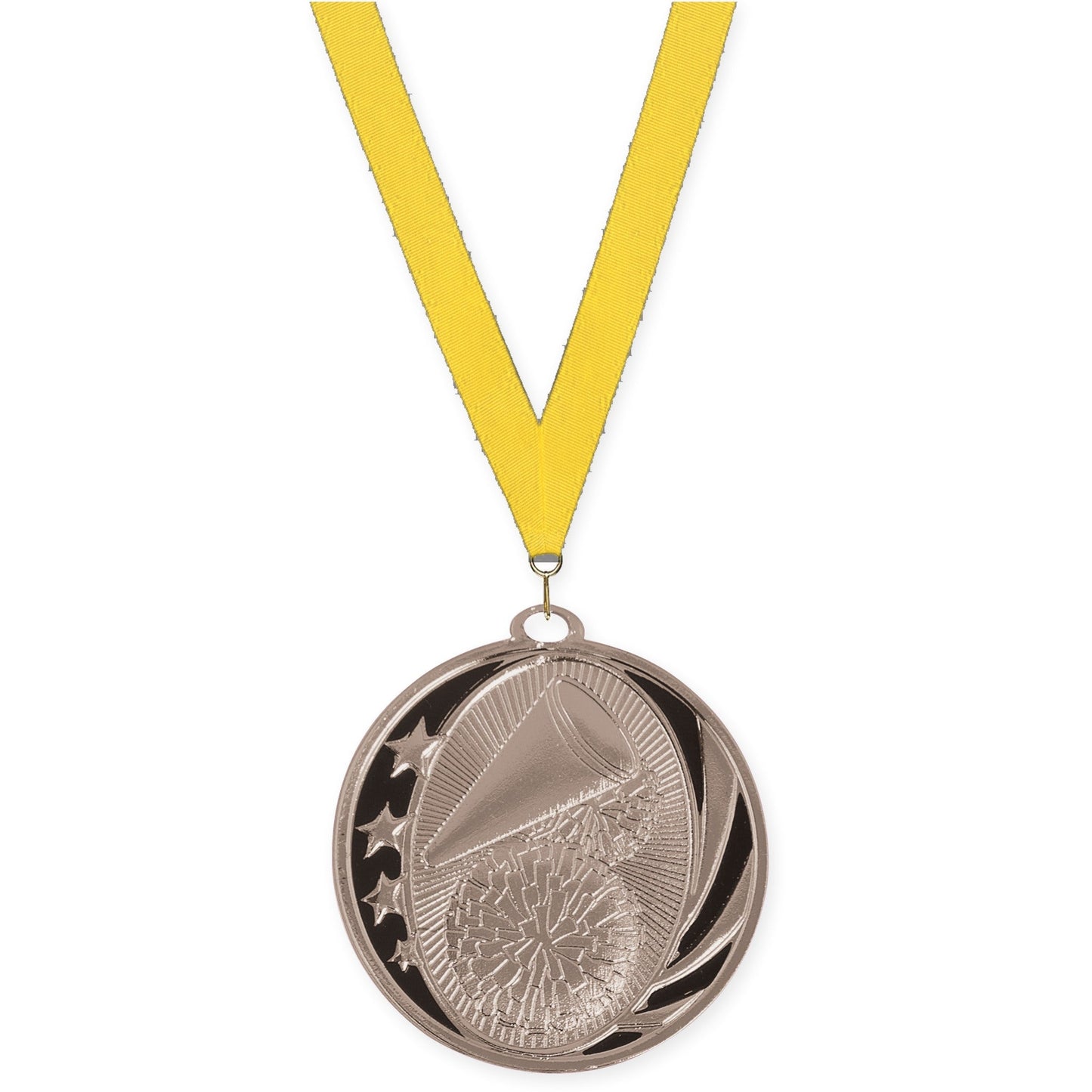 2 inch cheerleading MidNite Star medal in bright silver with Yellow neck ribbon