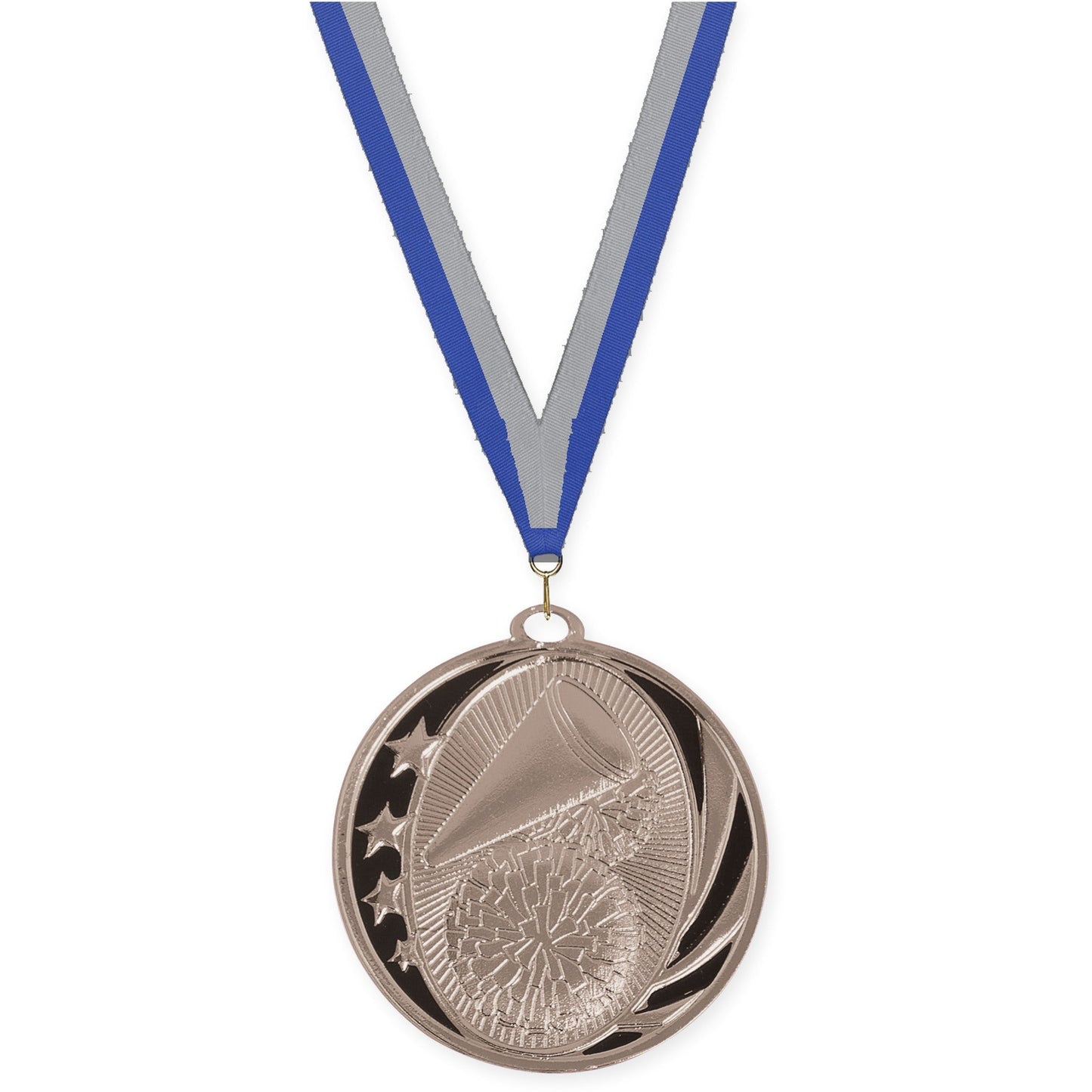 2 inch cheerleading MidNite Star medal in bright silver with Blue Gray neck ribbon