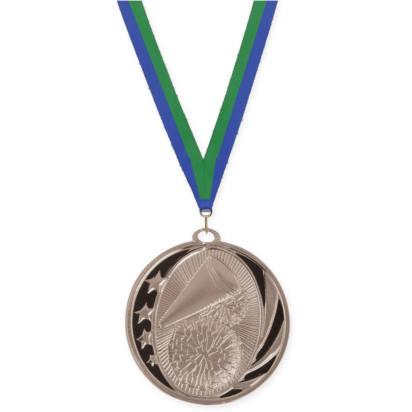 2 inch cheerleading MidNite Star medal in bright silver with Blue Green neck ribbon