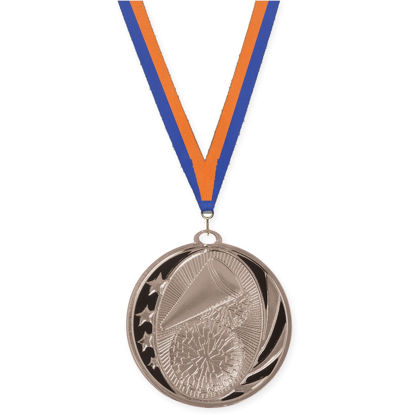 2 inch cheerleading MidNite Star medal in bright silver with Blue Orange neck ribbon