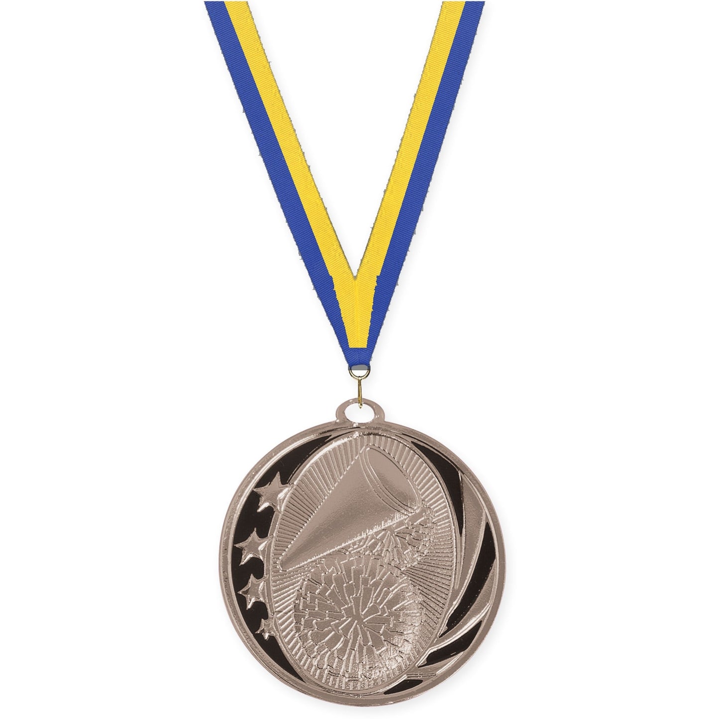 2 inch cheerleading MidNite Star medal in bright silver with Blue Yellow neck ribbon