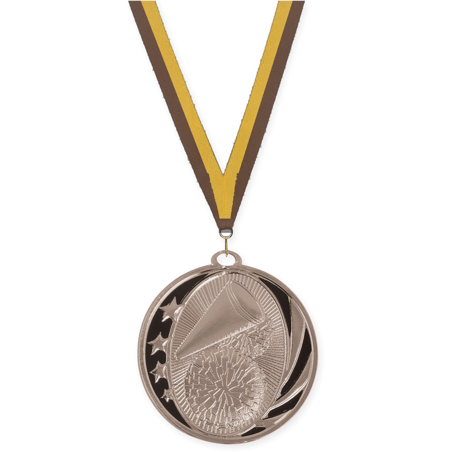 2 inch cheerleading MidNite Star medal in bright silver with Brown Gold neck ribbon