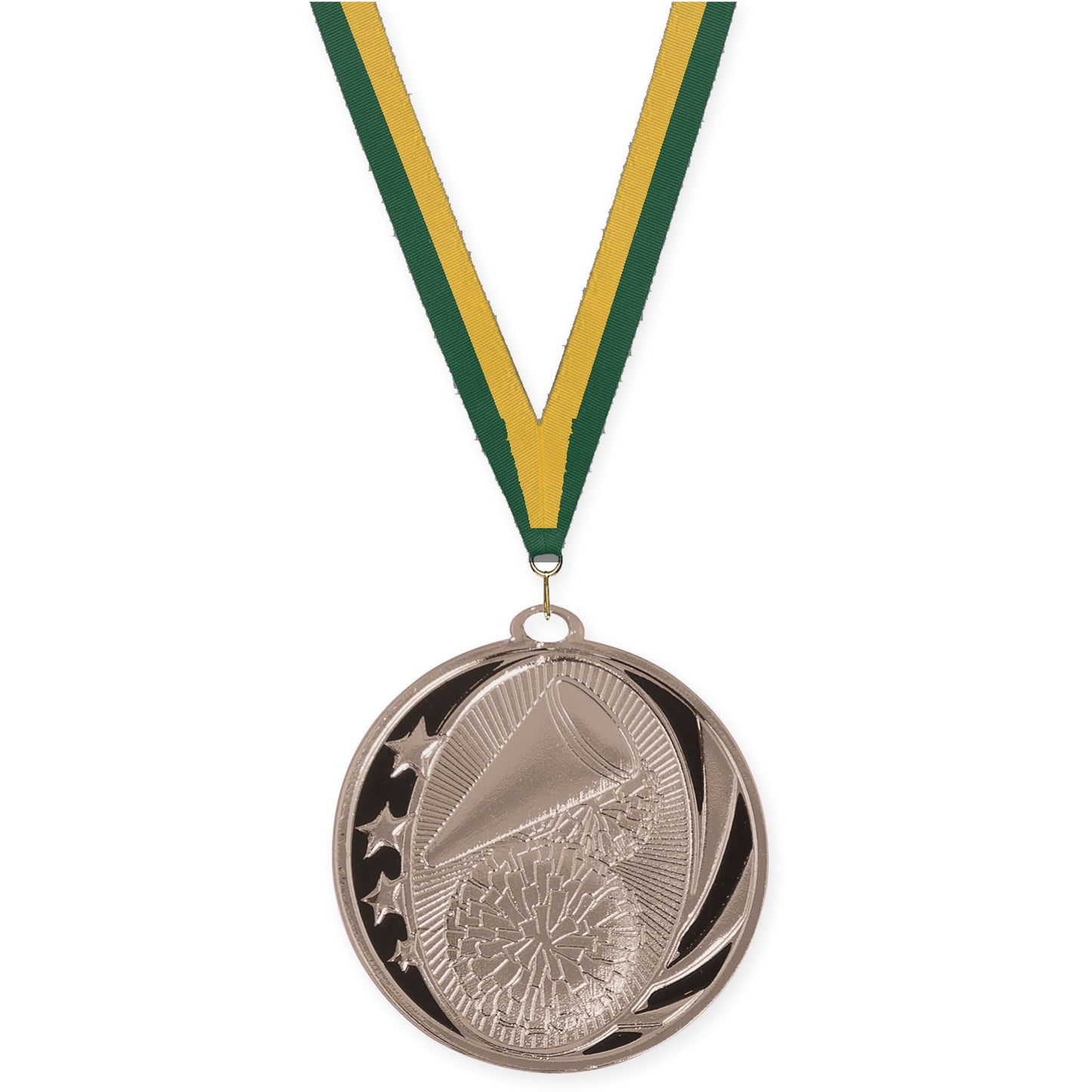 2 inch cheerleading MidNite Star medal in bright silver with Hunter Green Gold neck ribbon