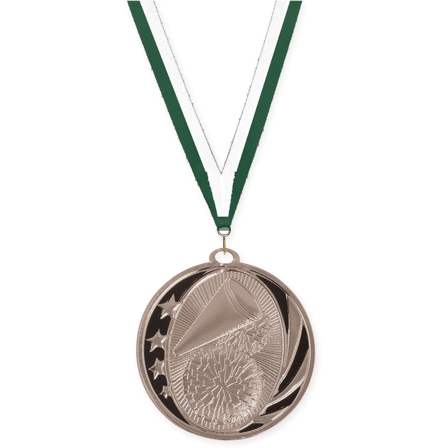 2 inch cheerleading MidNite Star medal in bright silver with Hunter Green White neck ribbon