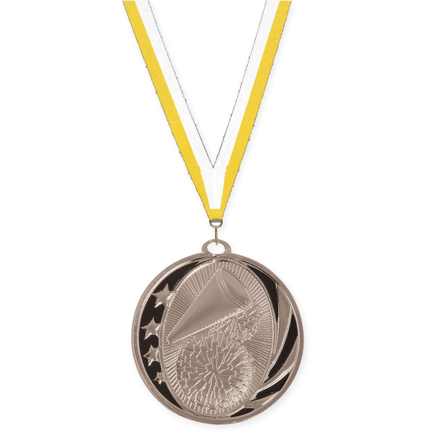 2 inch cheerleading MidNite Star medal in bright silver with Yellow White neck ribbon
