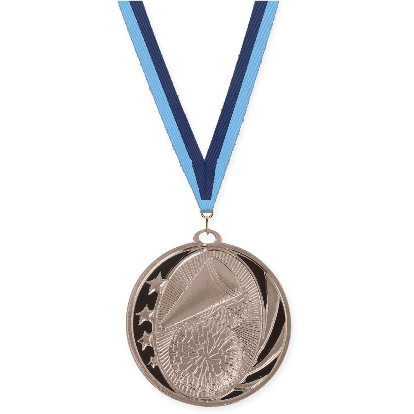 2 inch cheerleading MidNite Star medal in bright silver with Light Blue Navy neck ribbon