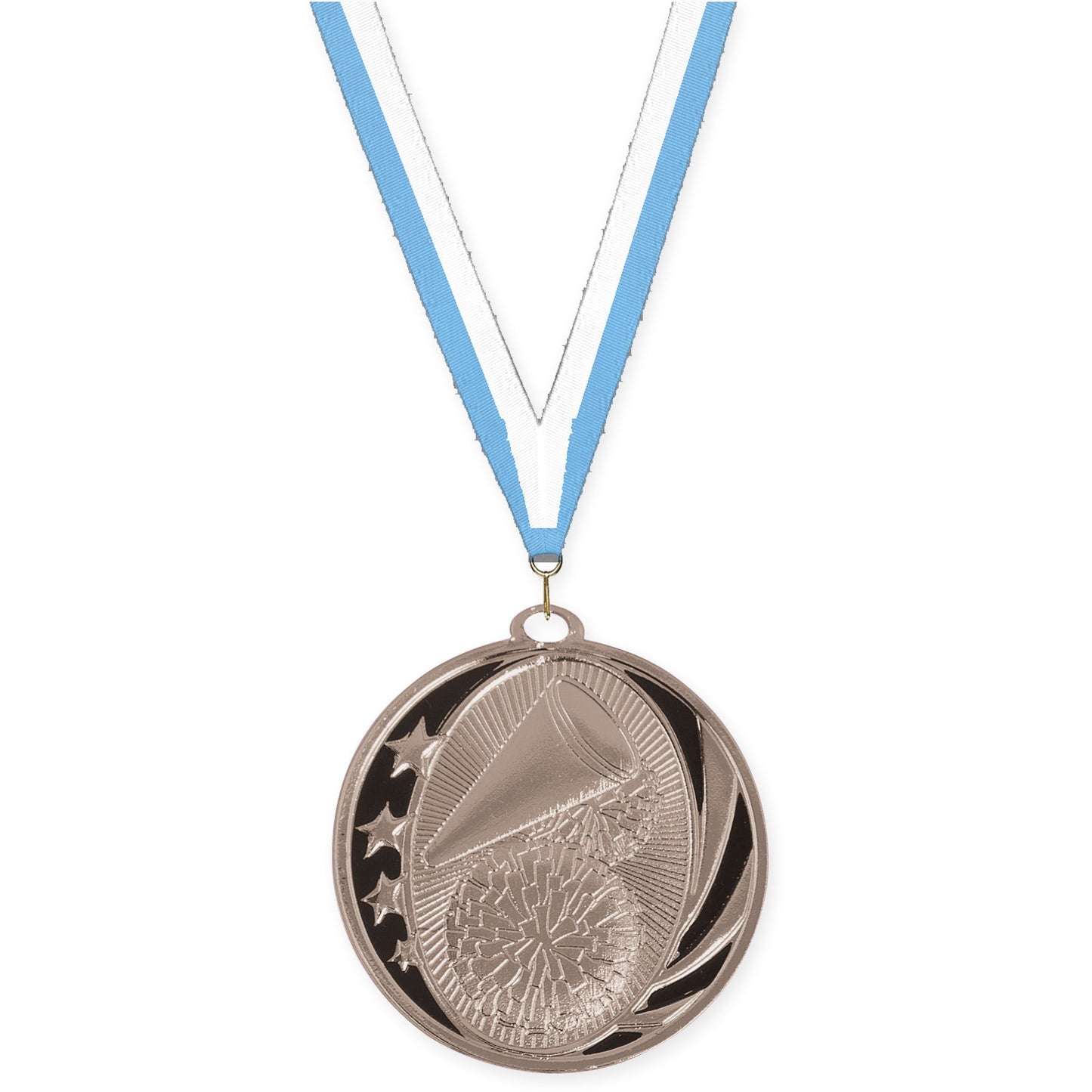 2 inch cheerleading MidNite Star medal in bright silver with Light Blue White neck ribbon
