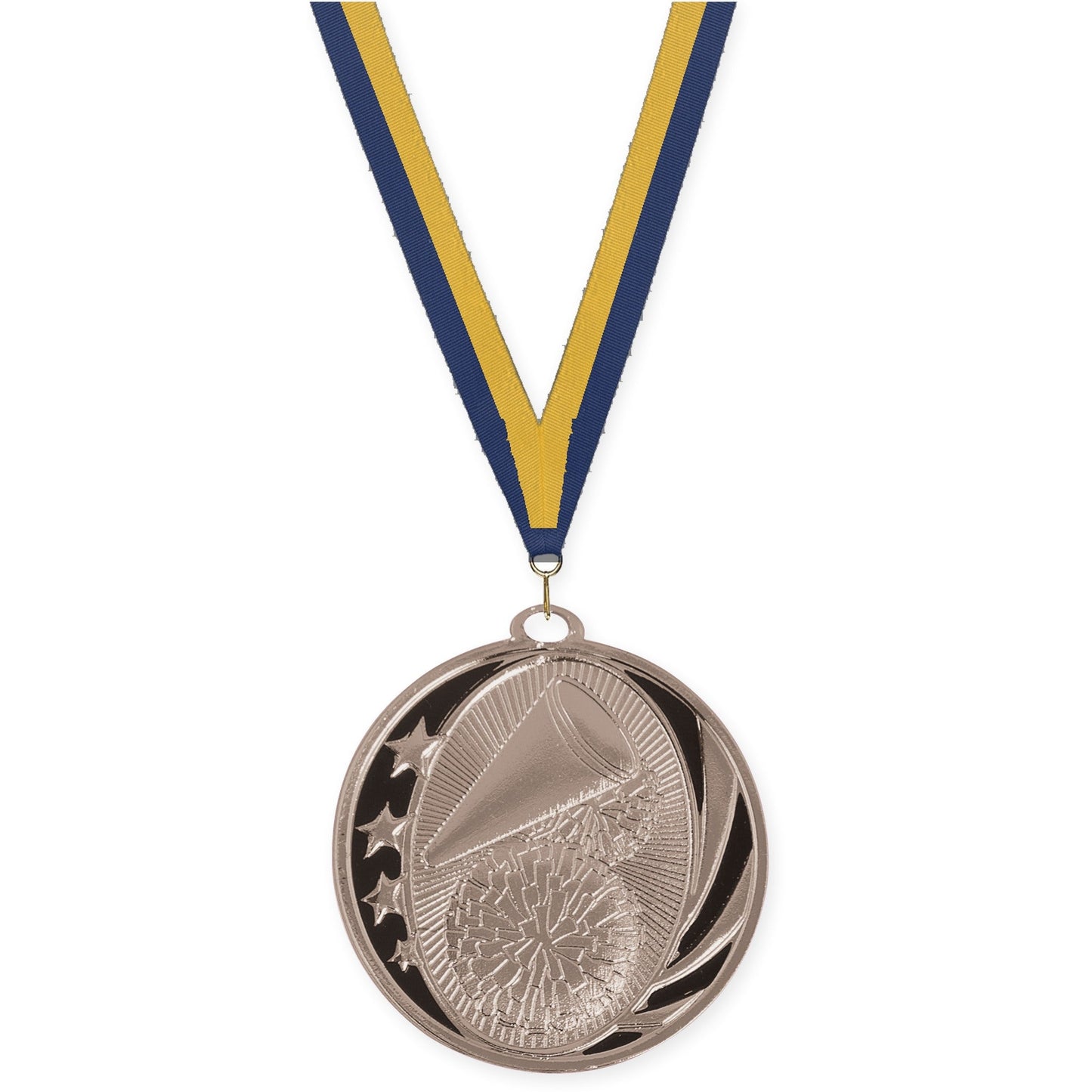 2 inch cheerleading MidNite Star medal in bright silver with Navy Gold neck ribbon