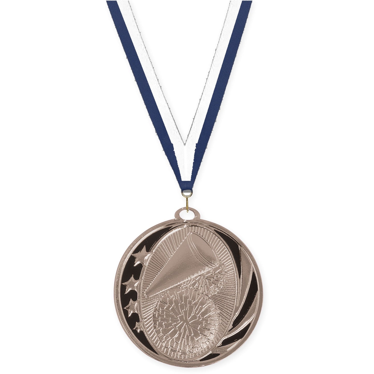 2 inch cheerleading MidNite Star medal in bright silver with Navy White neck ribbon