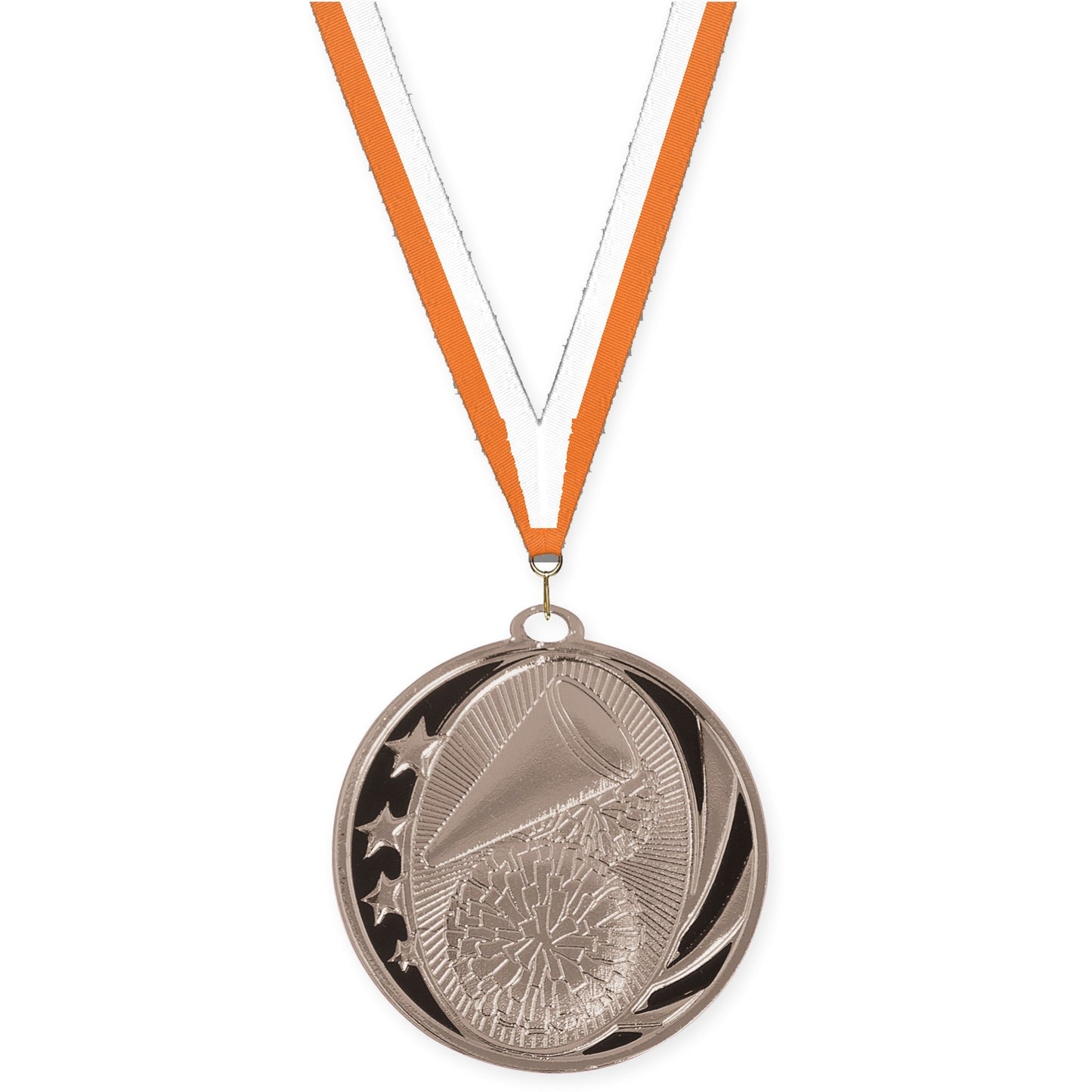 2 inch cheerleading MidNite Star medal in bright silver with Orange White neck ribbon