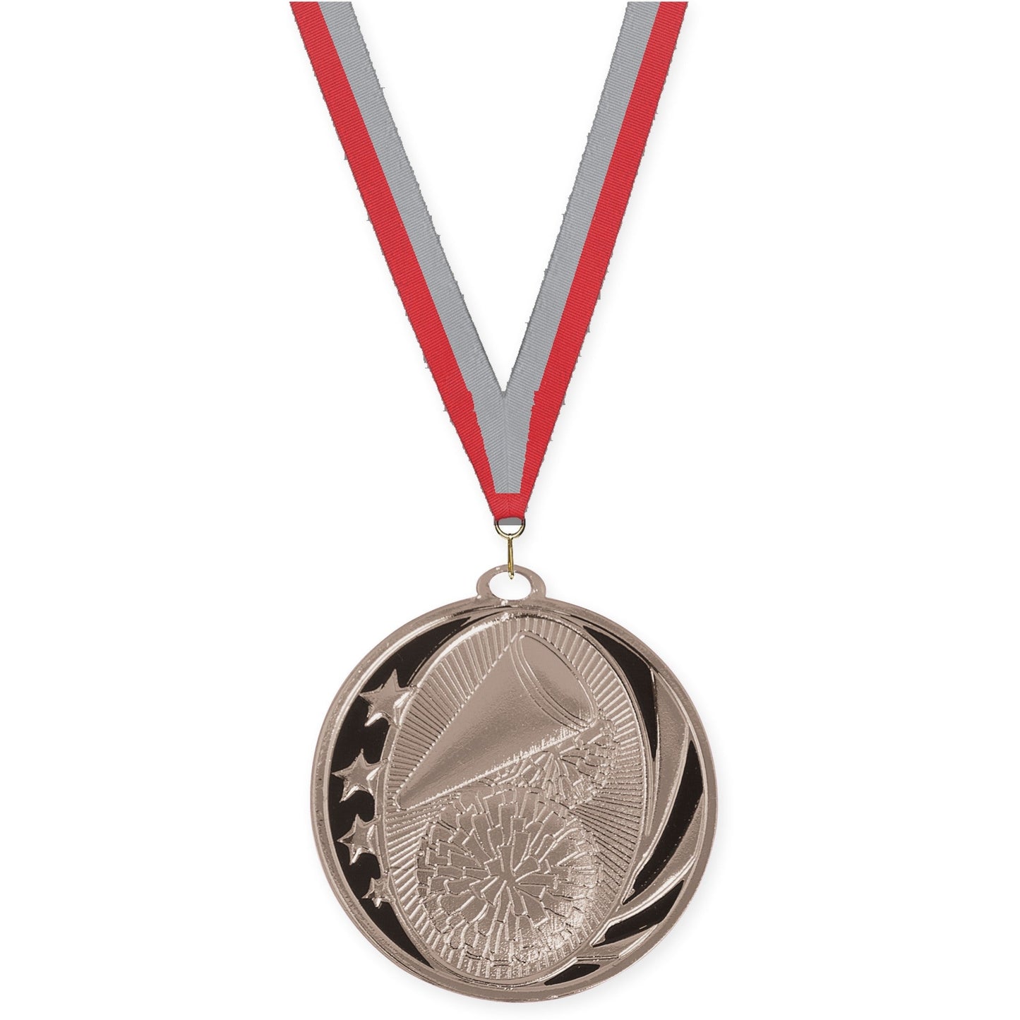 2 inch cheerleading MidNite Star medal in bright silver with Red Gray neck ribbon