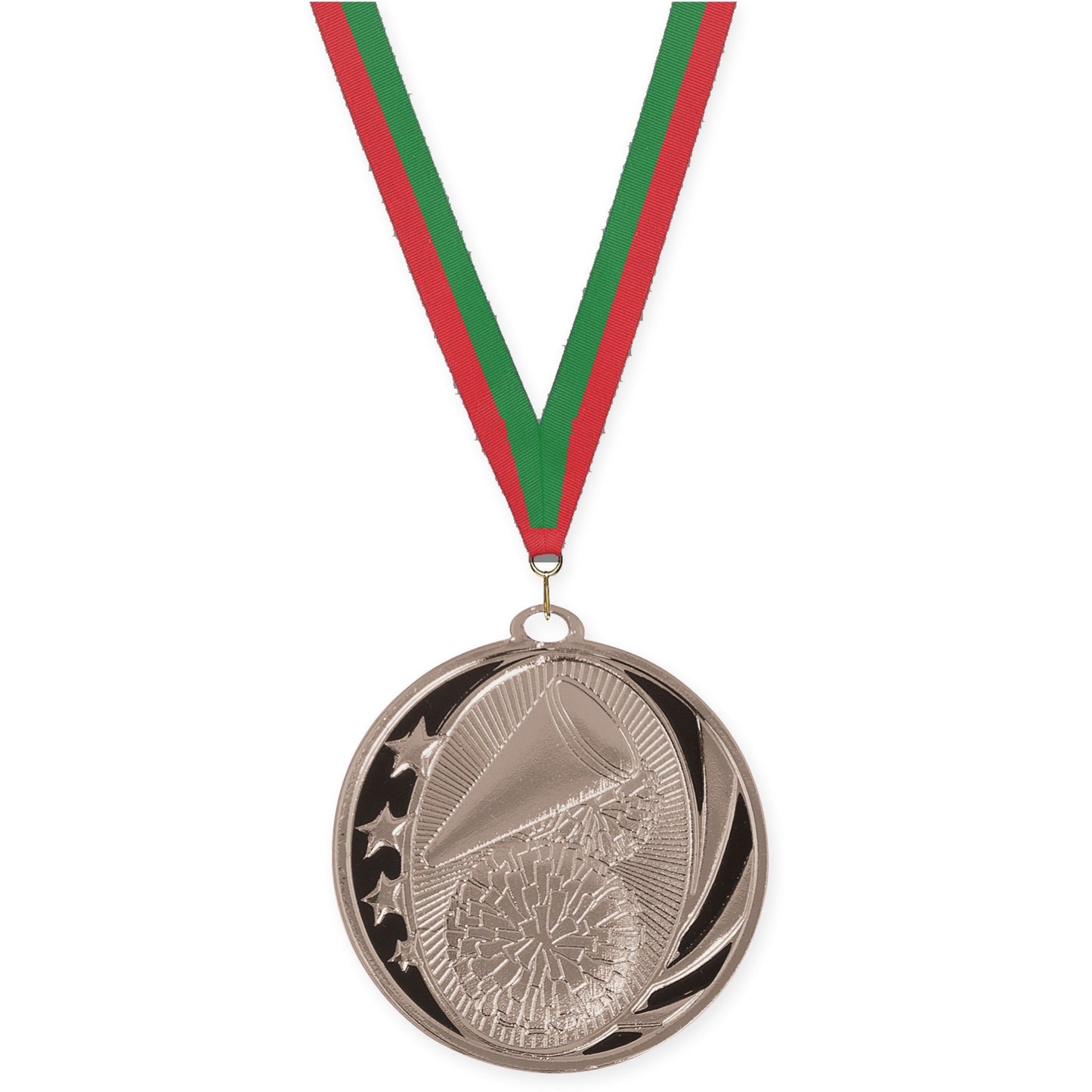2 inch cheerleading MidNite Star medal in bright silver with Red Green neck ribbon
