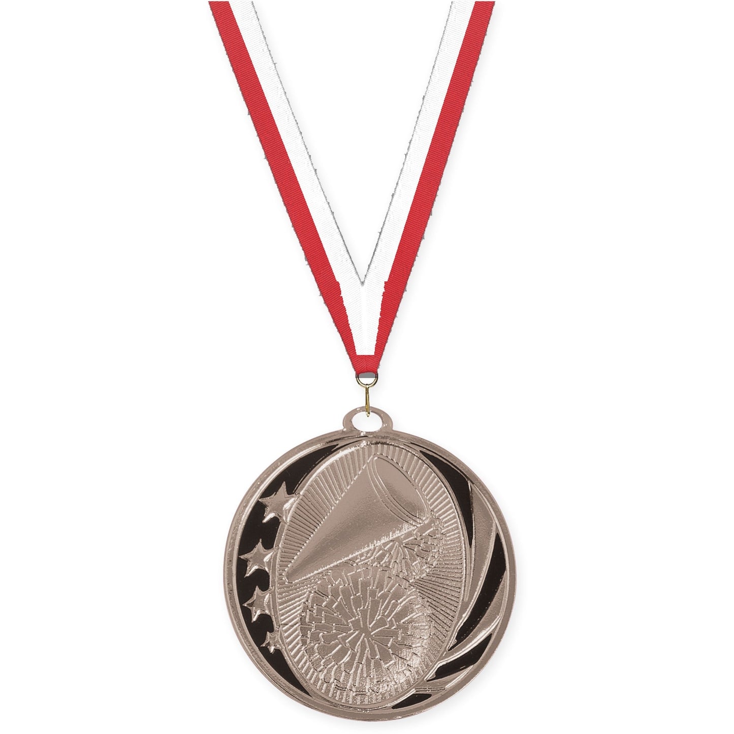 2 inch cheerleading MidNite Star medal in bright silver with Red White neck ribbon