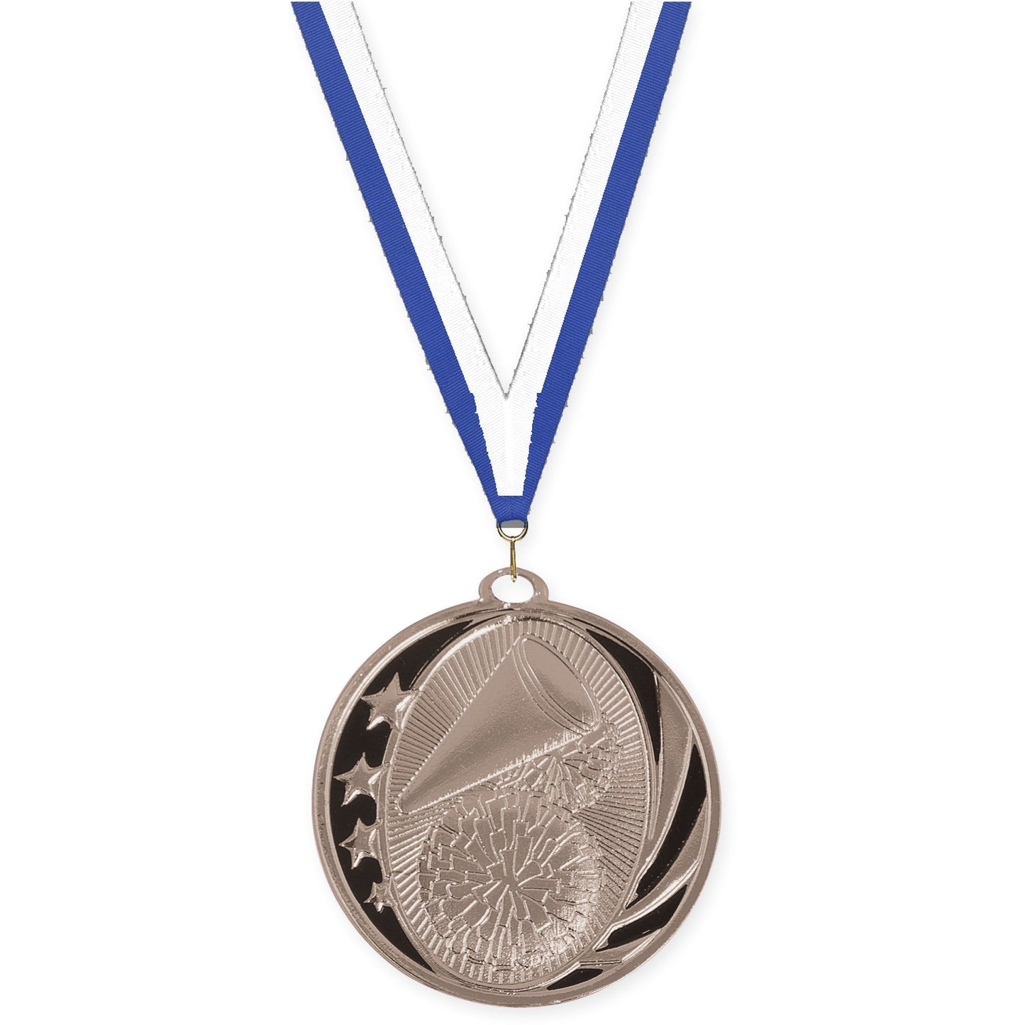 2 inch cheerleading MidNite Star medal in bright silver with Blue White neck ribbon