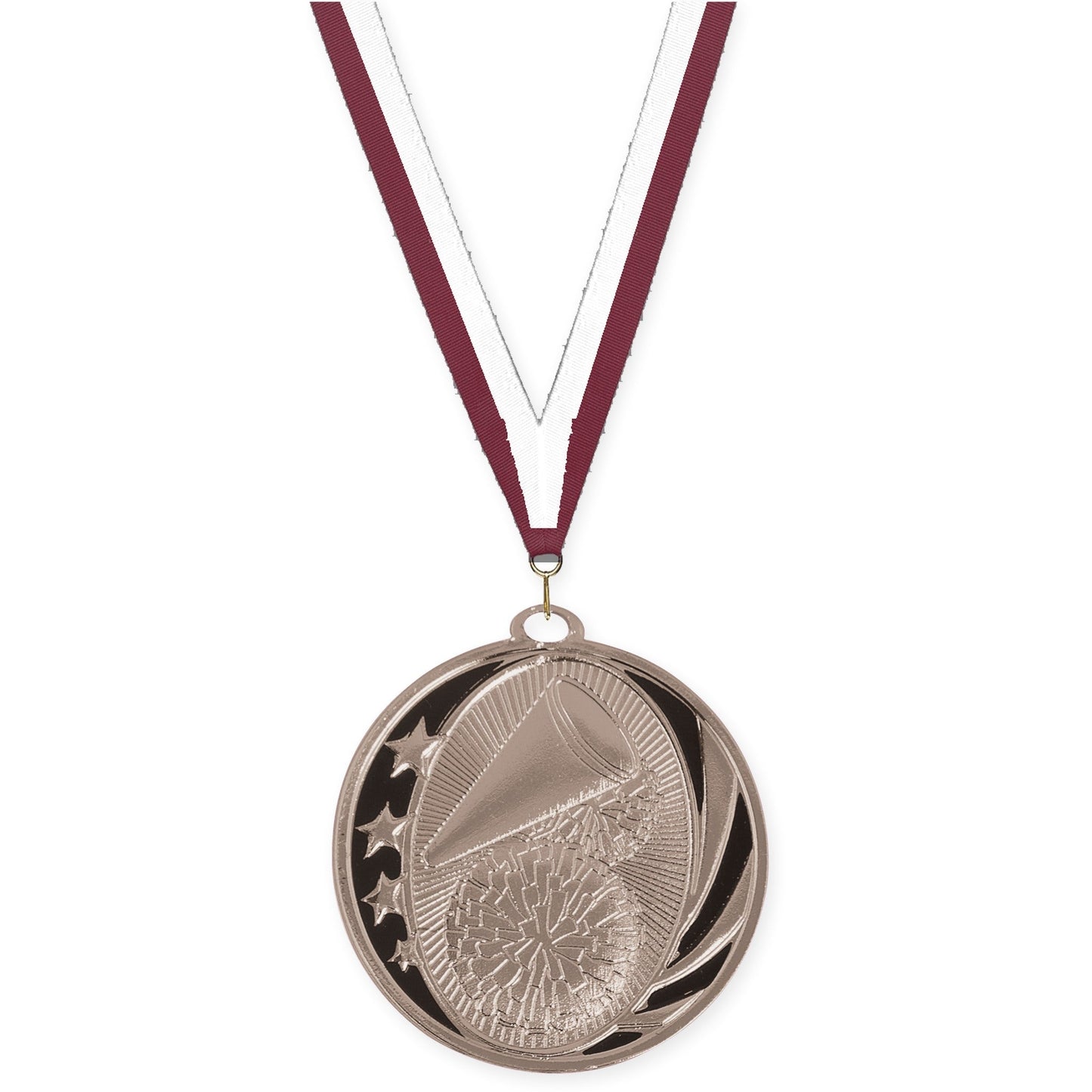 2 inch cheerleading MidNite Star medal in bright silver with Maroon White neck ribbon