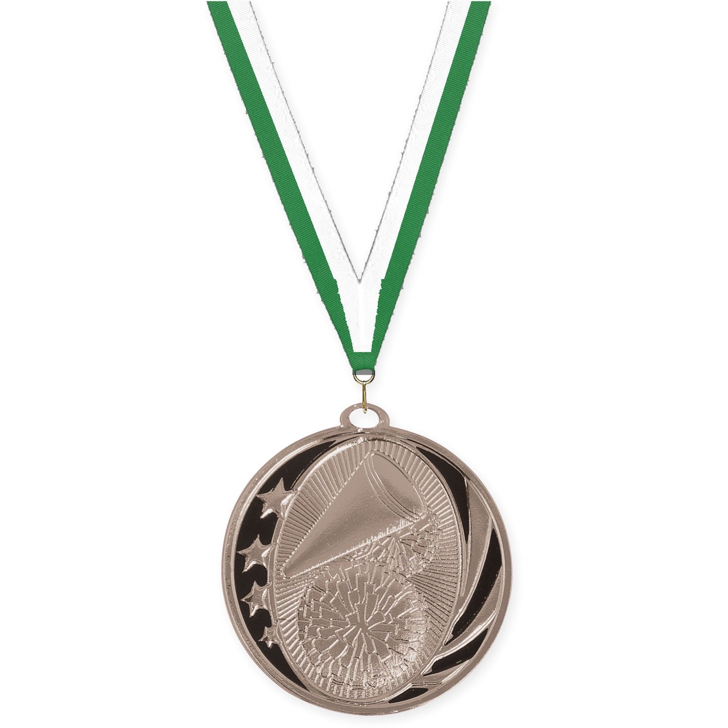 2 inch cheerleading MidNite Star medal in bright silver with Green White neck ribbon