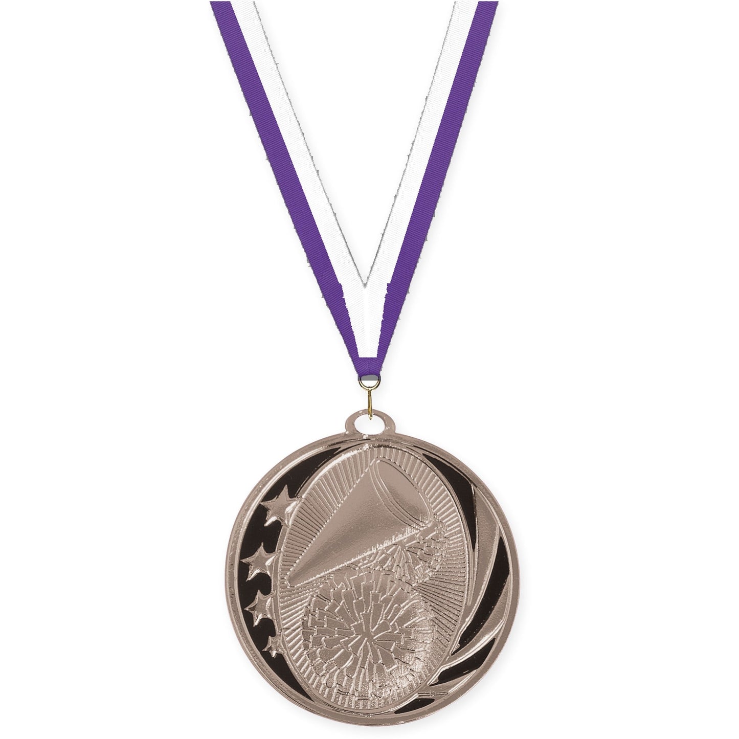 2 inch cheerleading MidNite Star medal in bright silver with Purple White neck ribbon