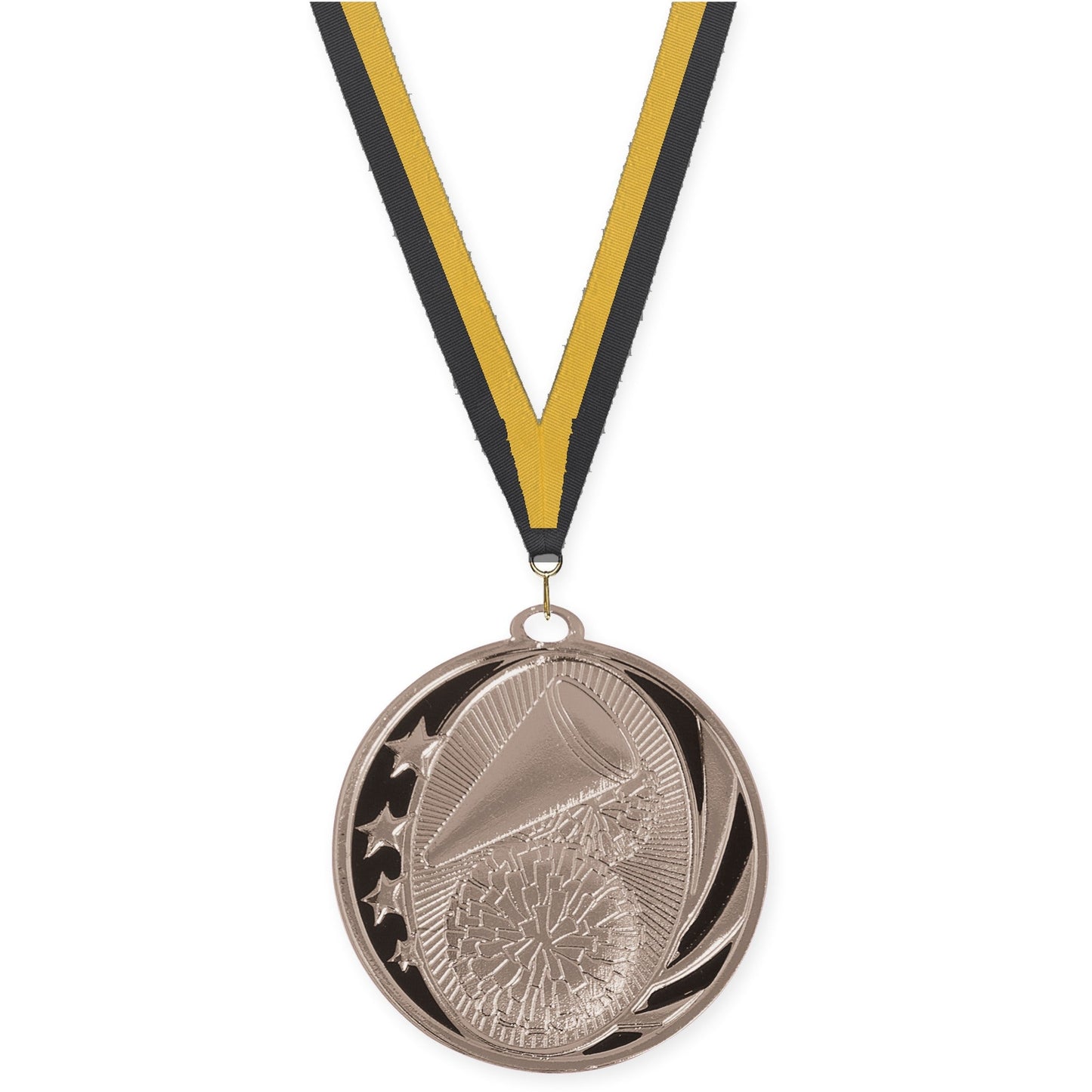 2 inch cheerleading MidNite Star medal in bright silver with Black Gold neck ribbon