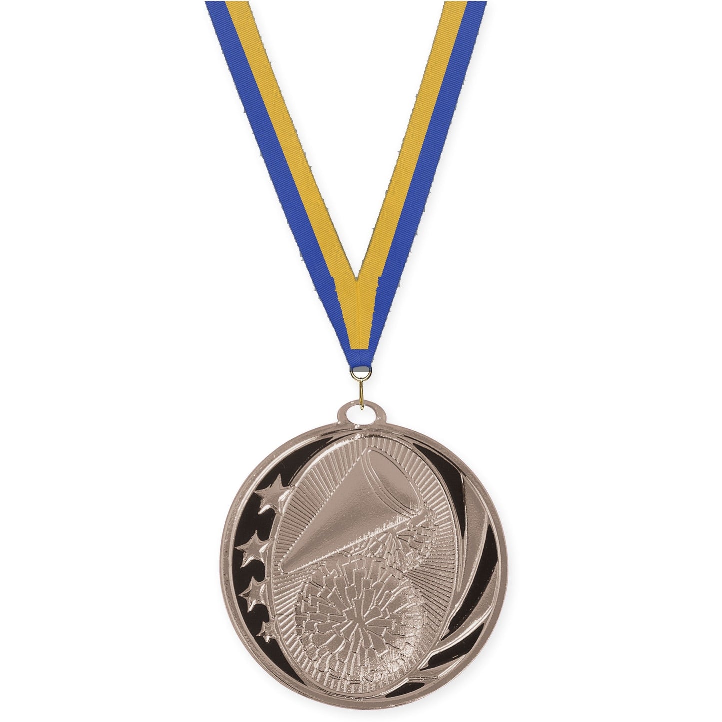 2 inch cheerleading MidNite Star medal in bright silver with Blue Gold neck ribbon