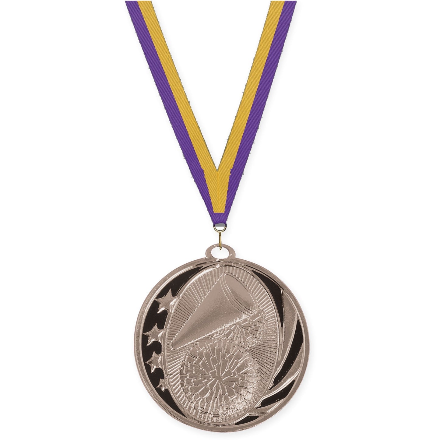 2 inch cheerleading MidNite Star medal in bright silver with Purple Gold neck ribbon