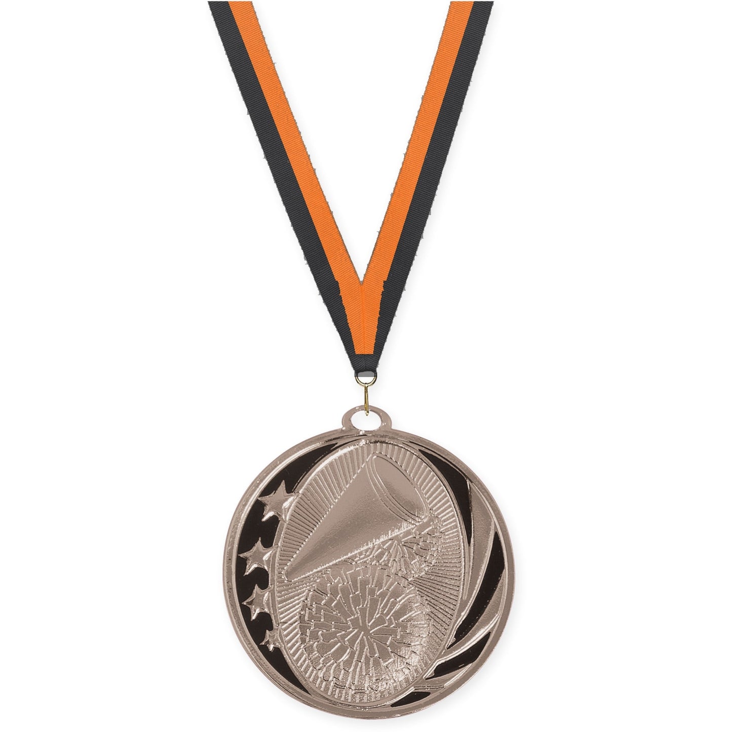 2 inch cheerleading MidNite Star medal in bright silver with Black Orange neck ribbon