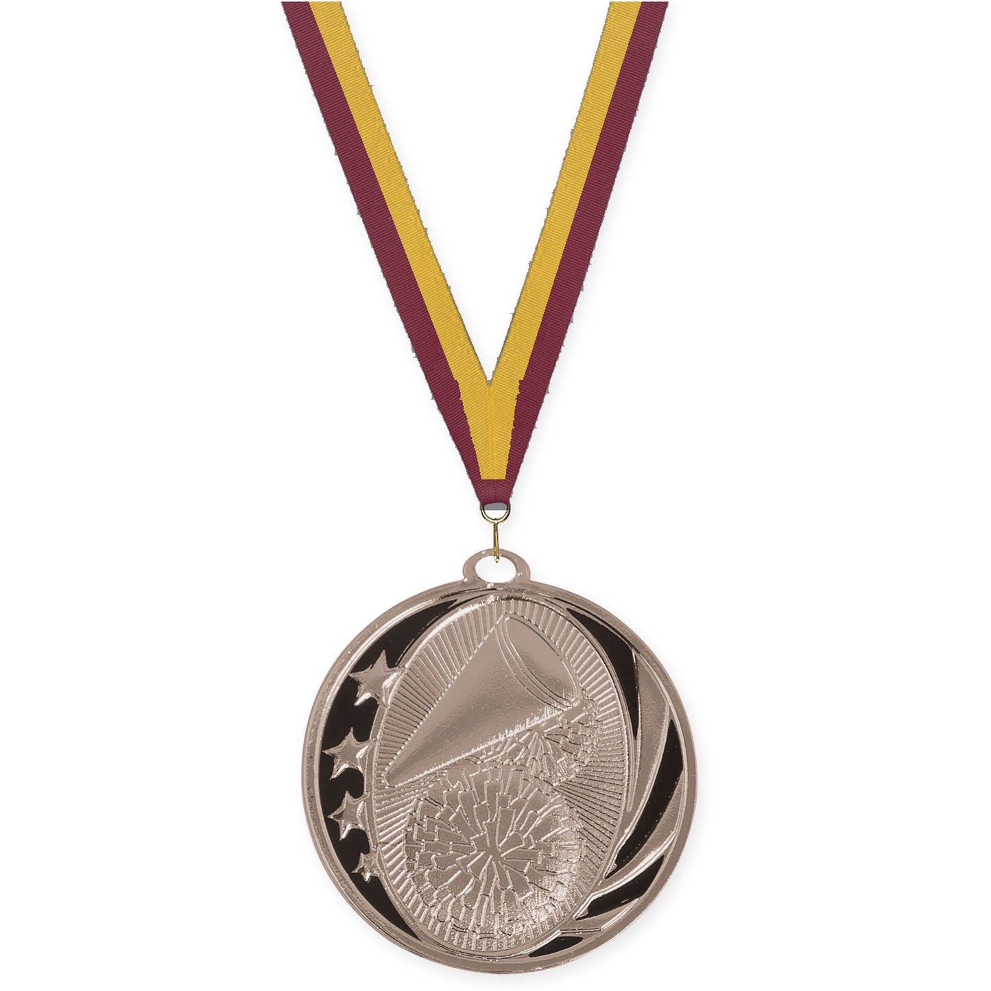2 inch cheerleading MidNite Star medal in bright silver with Maroon Gold neck ribbon