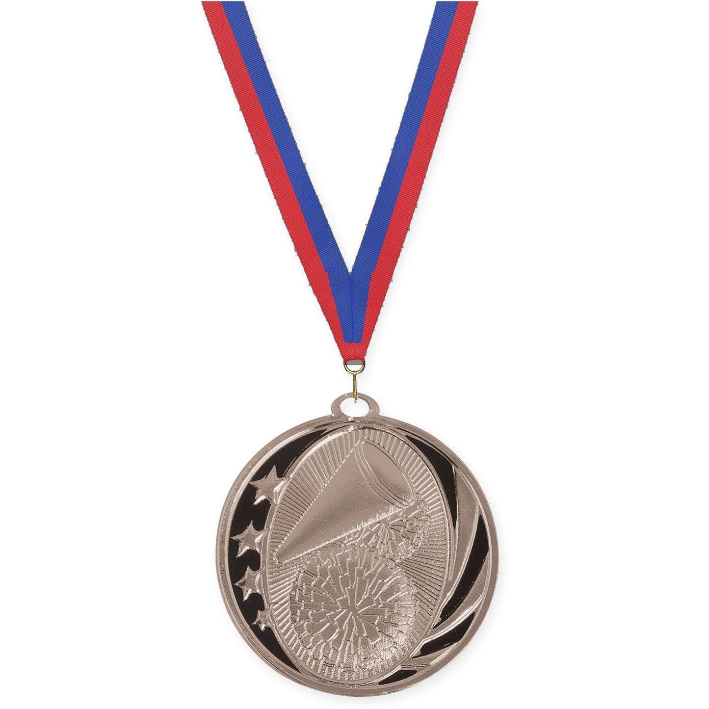 2 inch cheerleading MidNite Star medal in bright silver with Blue Red neck ribbon