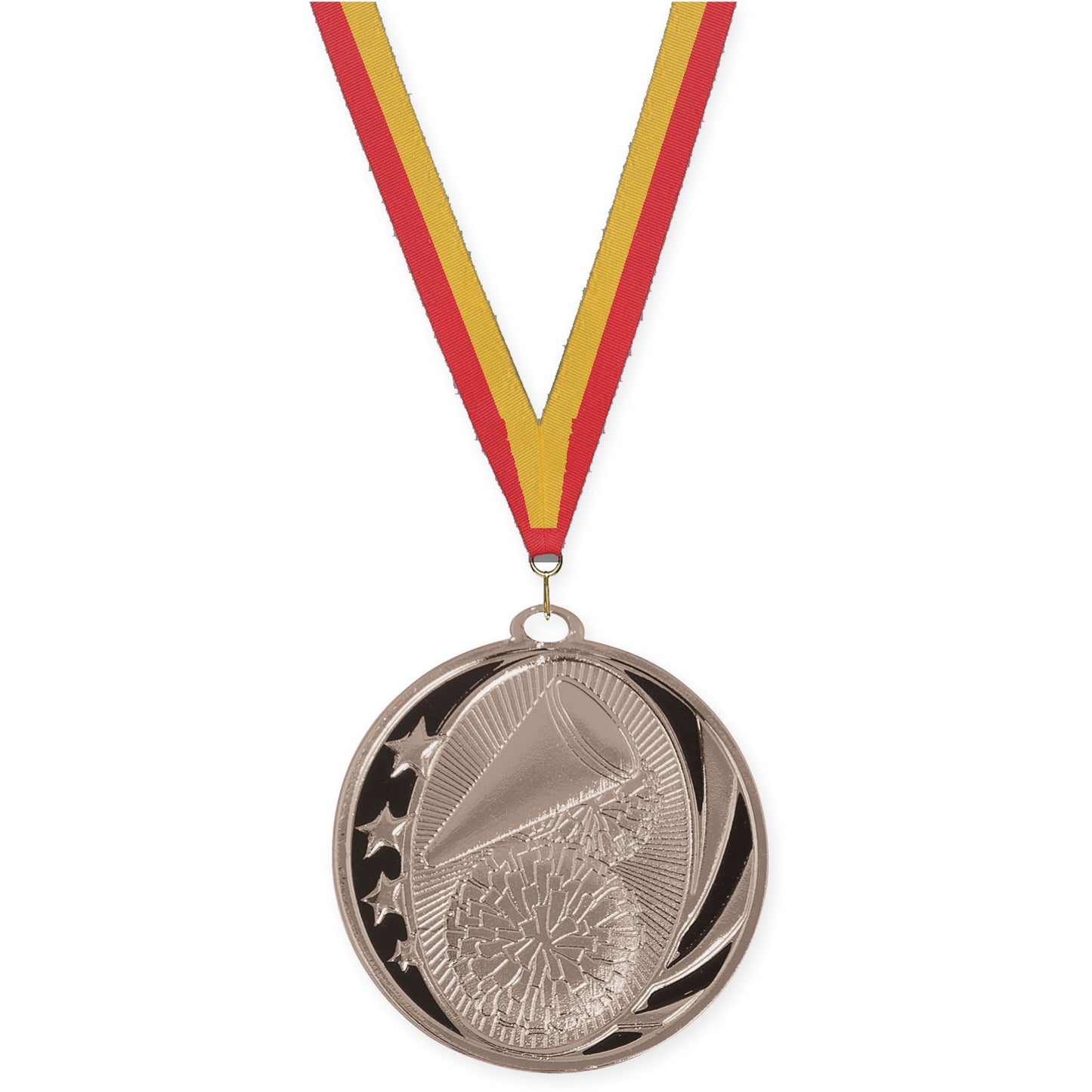 2 inch cheerleading MidNite Star medal in bright silver with Red Gold neck ribbon