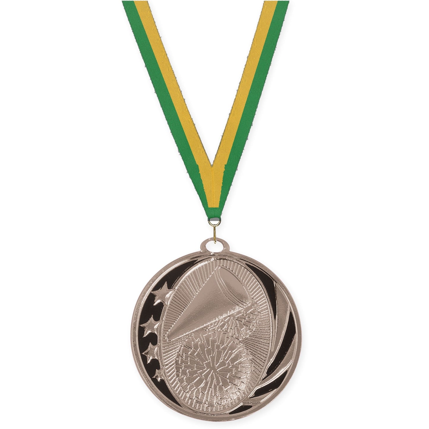 2 inch cheerleading MidNite Star medal in bright silver with Green Gold neck ribbon