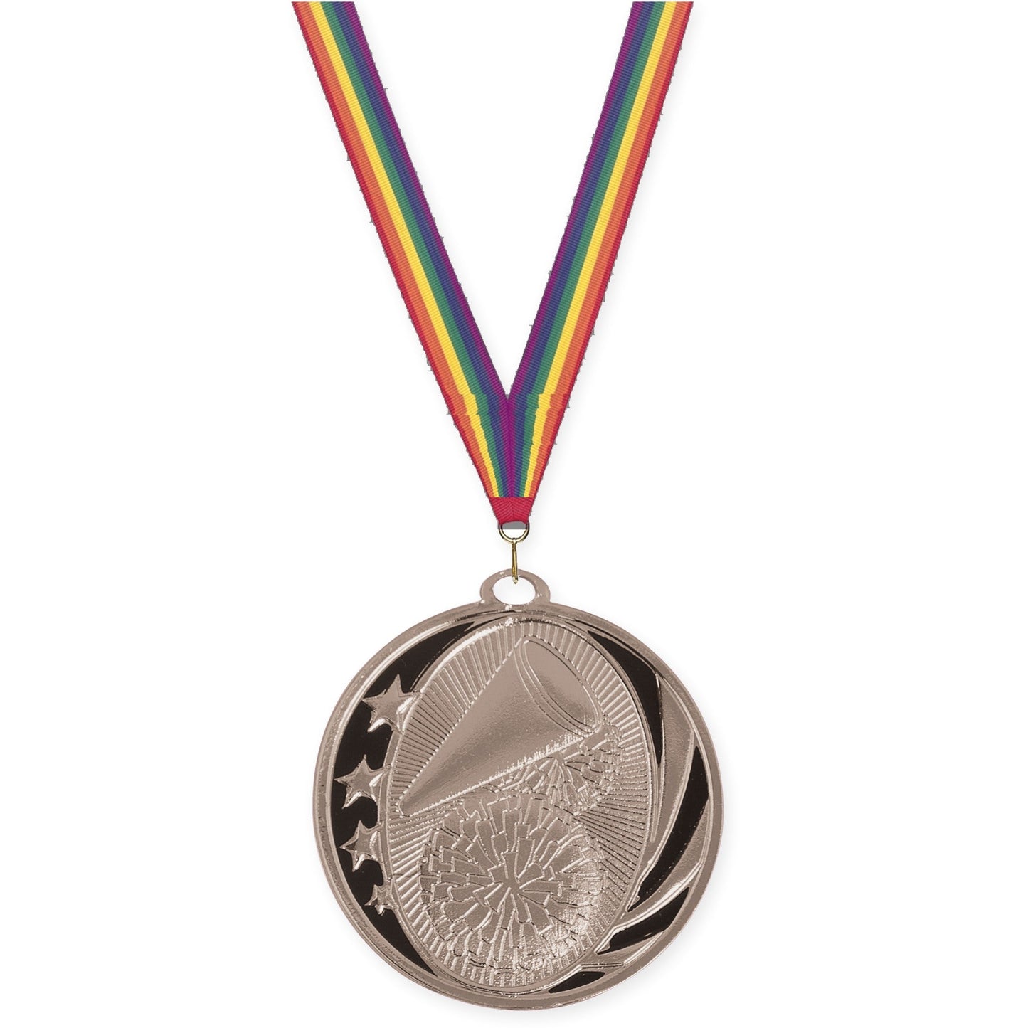 2 inch cheerleading MidNite Star medal in bright silver with Rainbow neck ribbon
