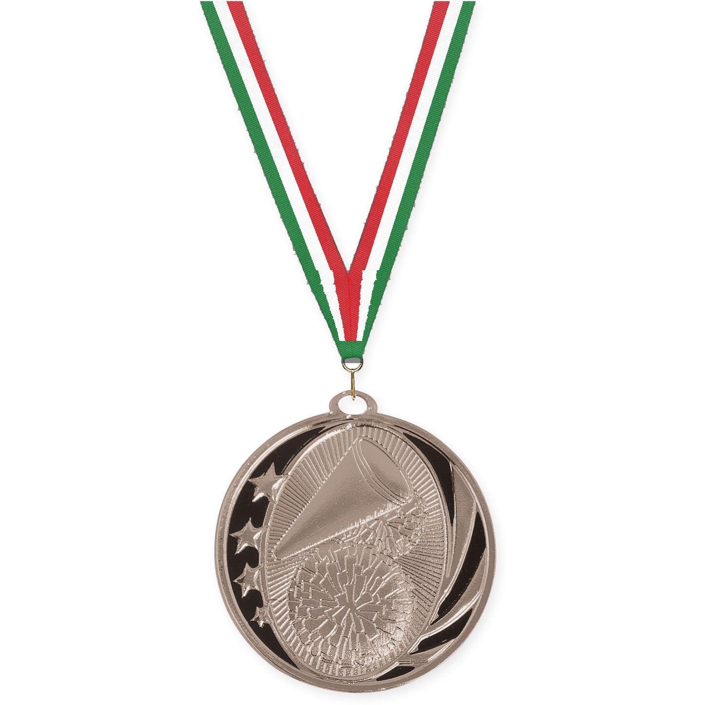 2 inch cheerleading MidNite Star medal in bright silver with Green White Red neck ribbon