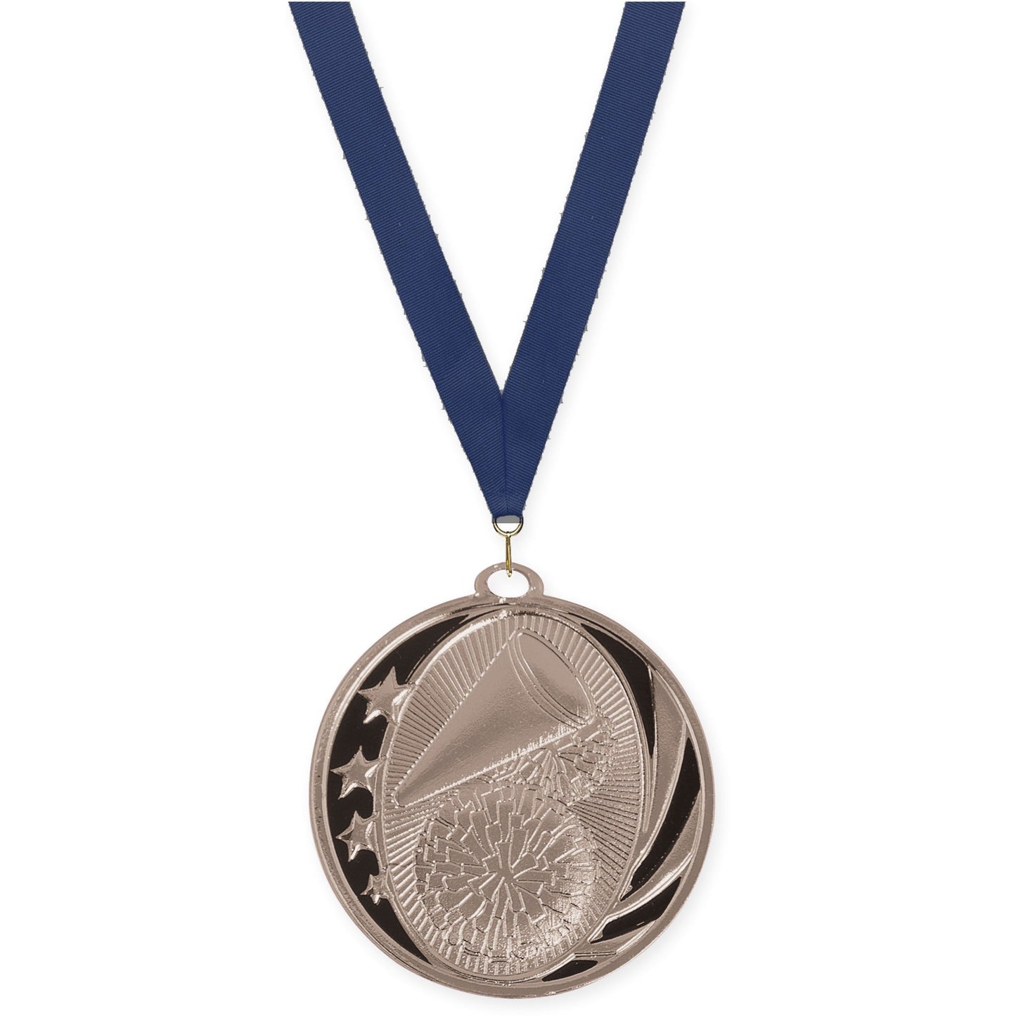 2 inch cheerleading MidNite Star medal in bright silver with Navy neck ribbon