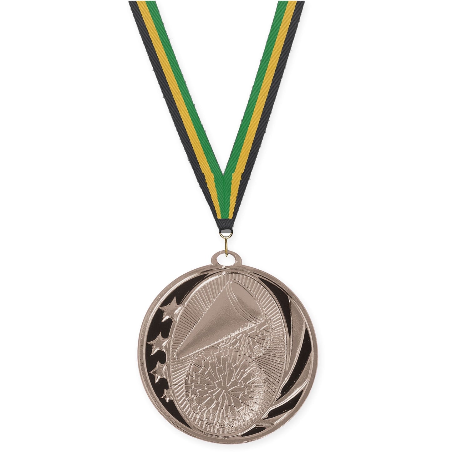 2 inch cheerleading MidNite Star medal in bright silver with Black Gold Green neck ribbon