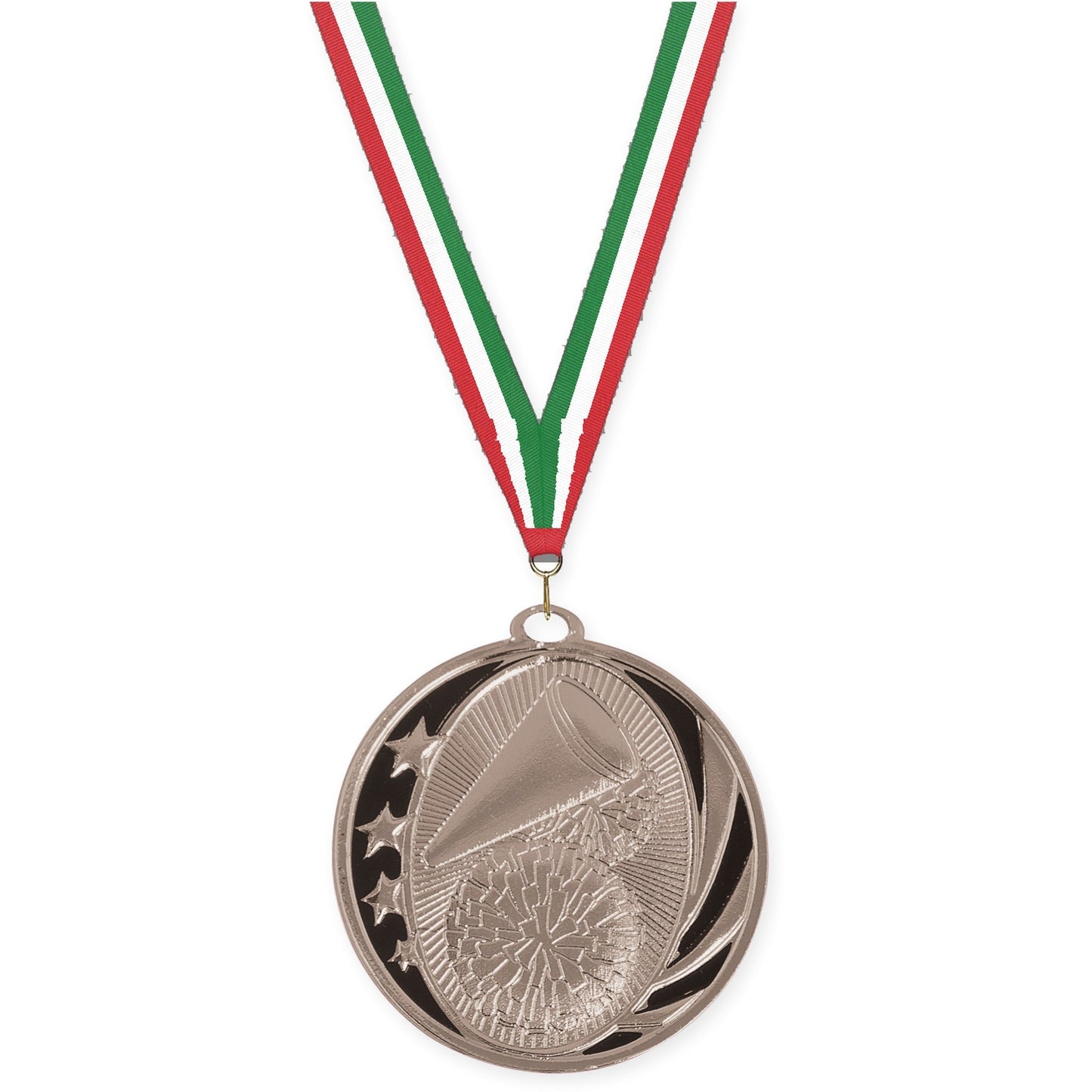2 inch cheerleading MidNite Star medal in bright silver with Red White Green neck ribbon
