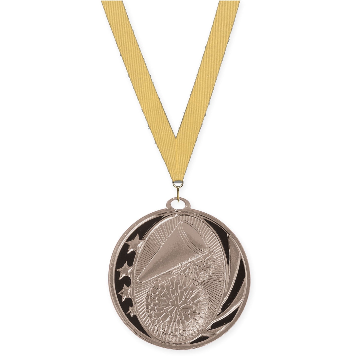 2 inch cheerleading MidNite Star medal in bright silver with Gold Metallic neck ribbon