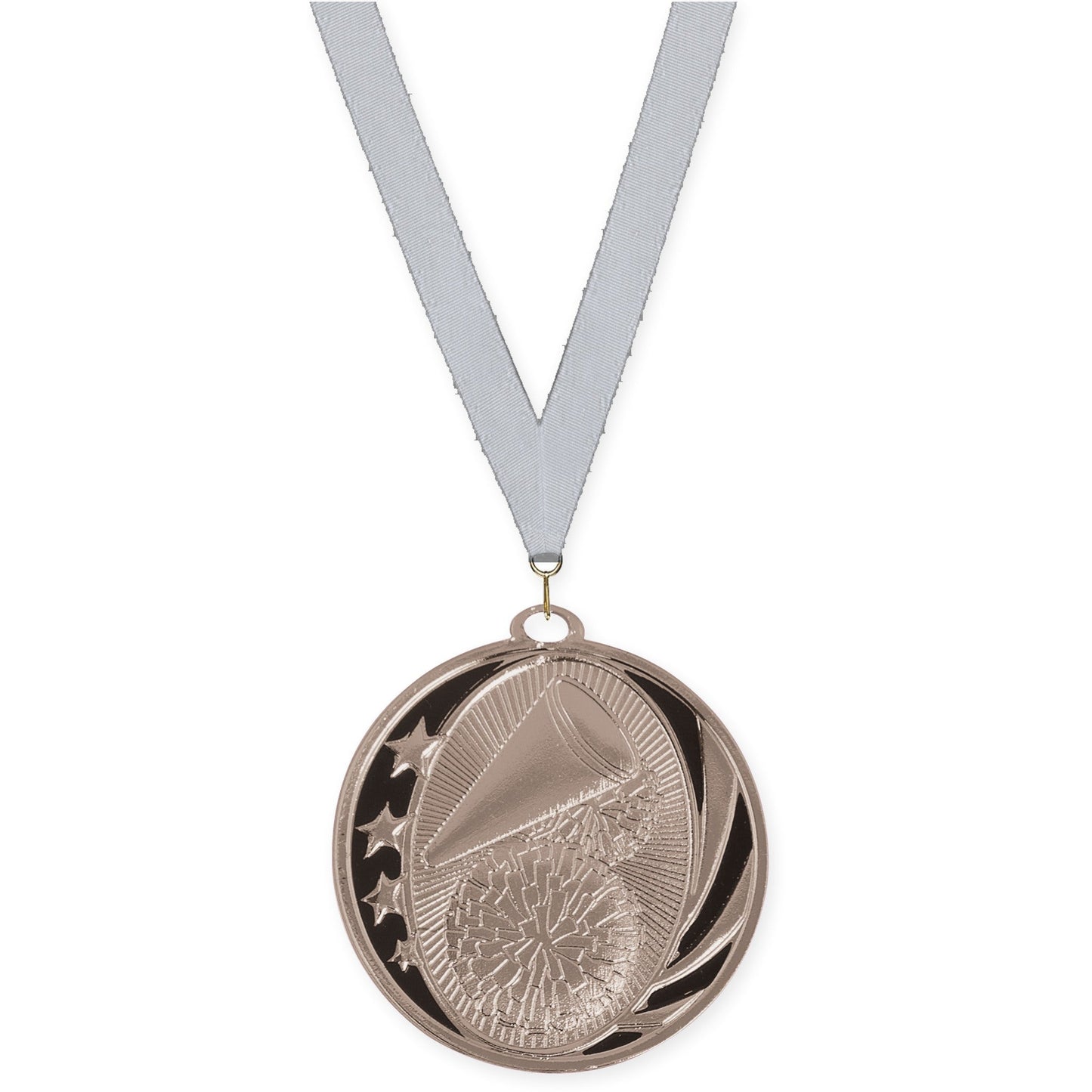 2 inch cheerleading MidNite Star medal in bright silver with Silver Metallic neck ribbon