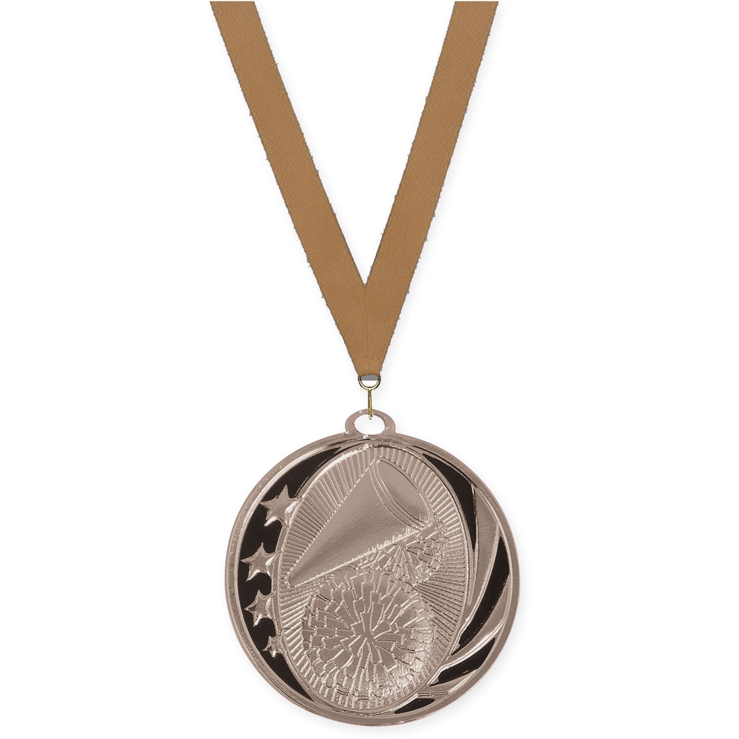 2 inch cheerleading MidNite Star medal in bright silver with Bronze Metallic neck ribbon
