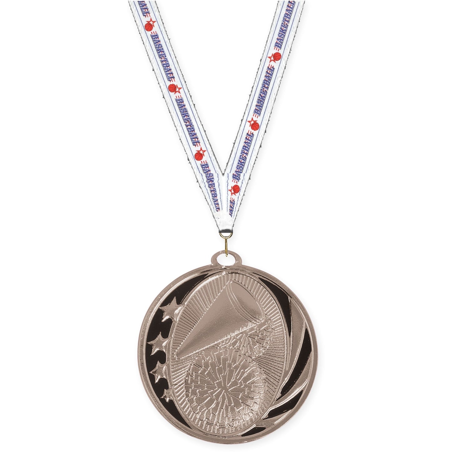 2 inch cheerleading MidNite Star medal in bright silver with Basketball neck ribbon